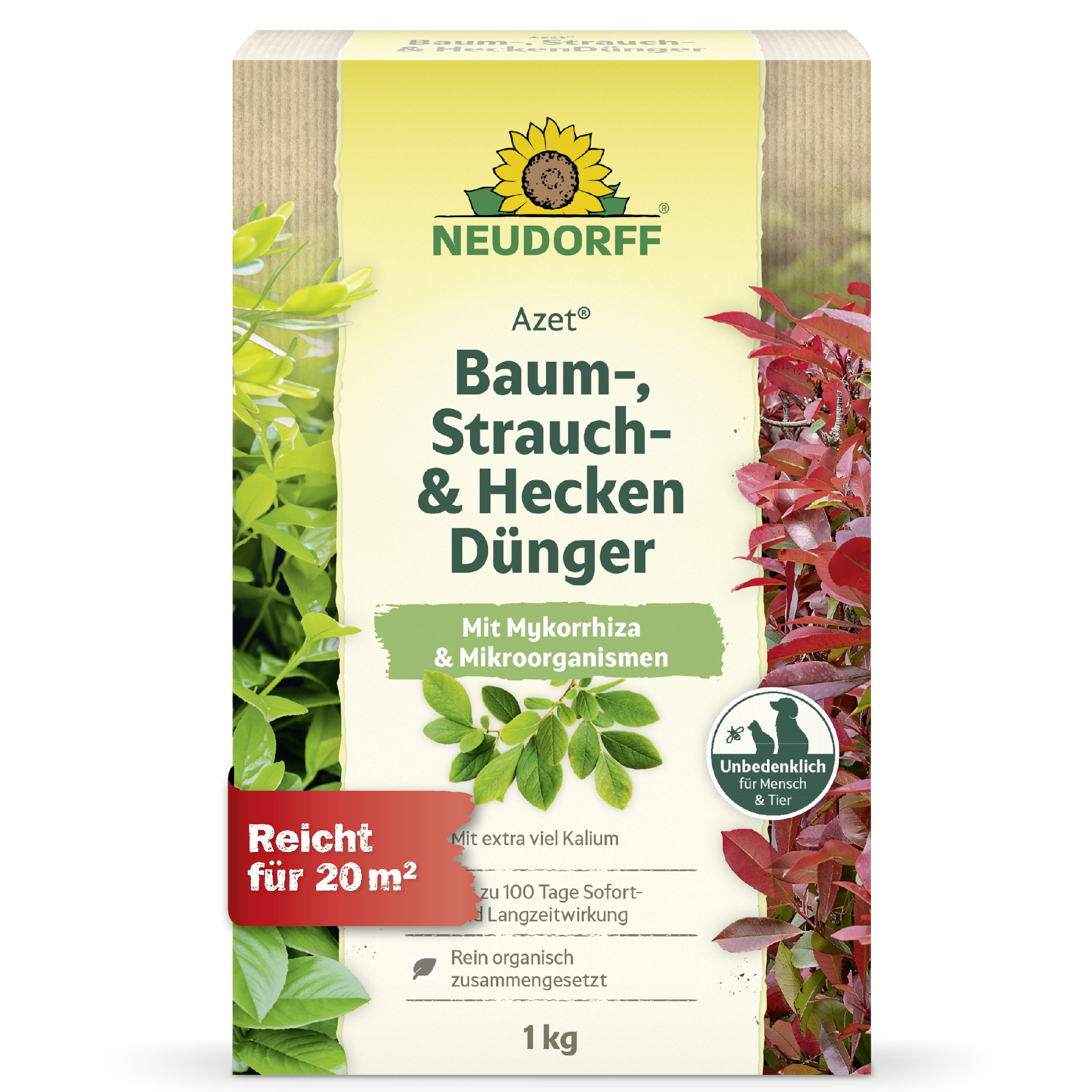 Neudorff Rasendünger Azet Baum-, Strauch- und HeckenDünger 1 kg, Für Bäume, Sträucher & Hecken, Gehölzdünger mit extra Kalium für Blattwerk & Widerstandskraft, Mit extra Kalium, Mykorrhiza & Mikroorganismen, bis 100 Tage Wirkung
