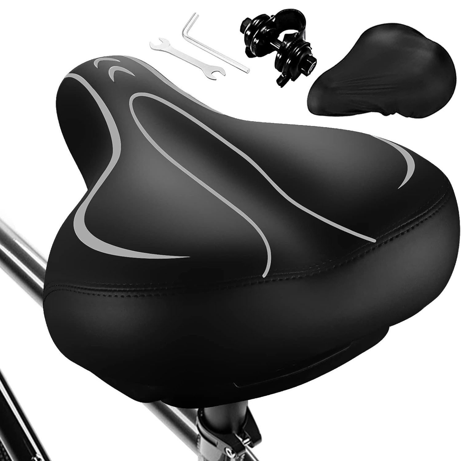 SURFOU Fahrradsattel Fahrrad zubehör Fahrradsattel Herren Damen Sattelschutz Wasserdicht (Universell kompatibler Oversized Fahrradsattel– Extra Breiter & Bequemer Sattel mit Memory Foam, Wasserdicht & Stoßdämpfend für Herren & Damen, mit Montagewerkzeuge,