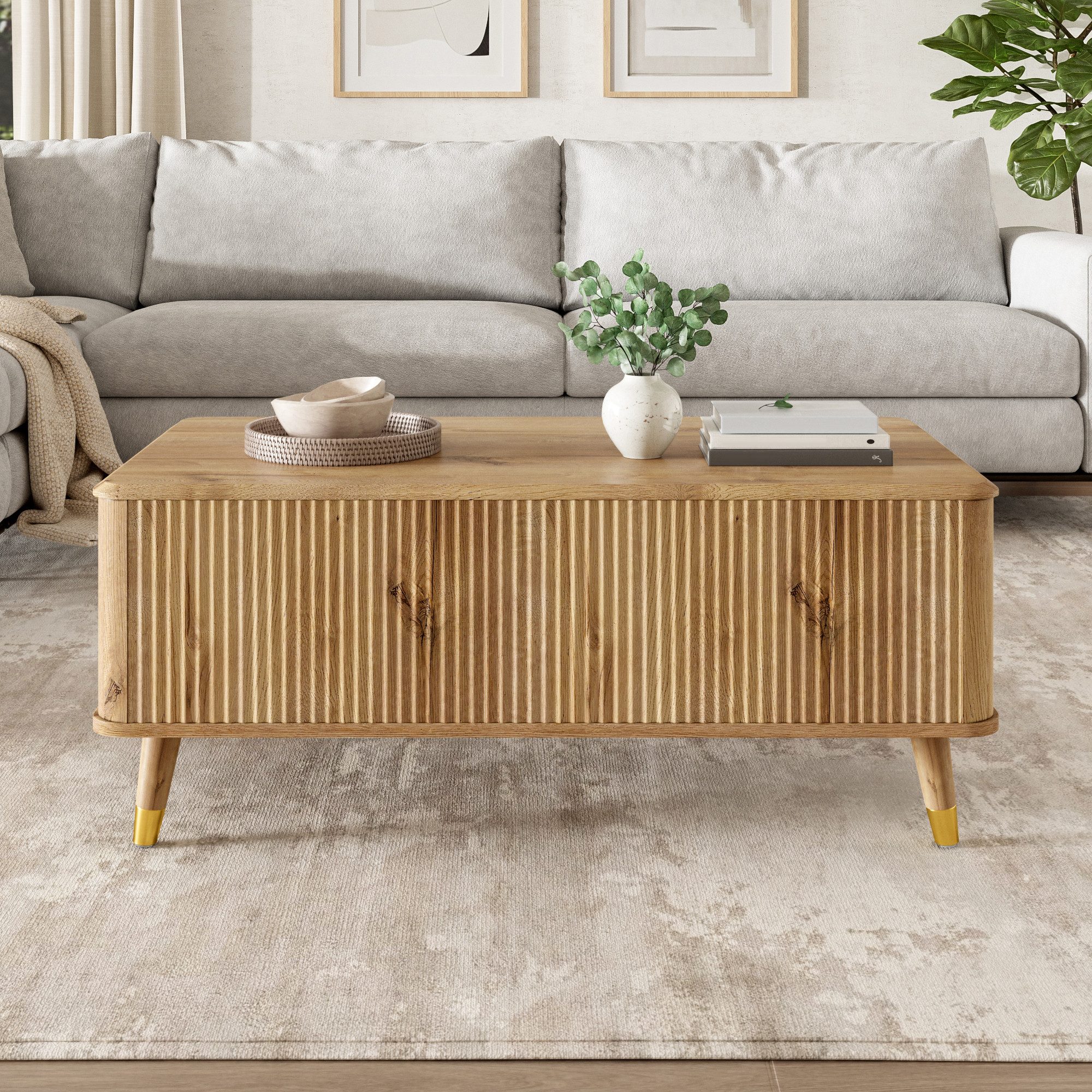 Merax Couchtisch höhenverstellbar Sofatisch Retro Beistelltisch (1-St), Wohnzimmertisch mit Stauraum und Holzbeinen, 97x52x56,5 cm