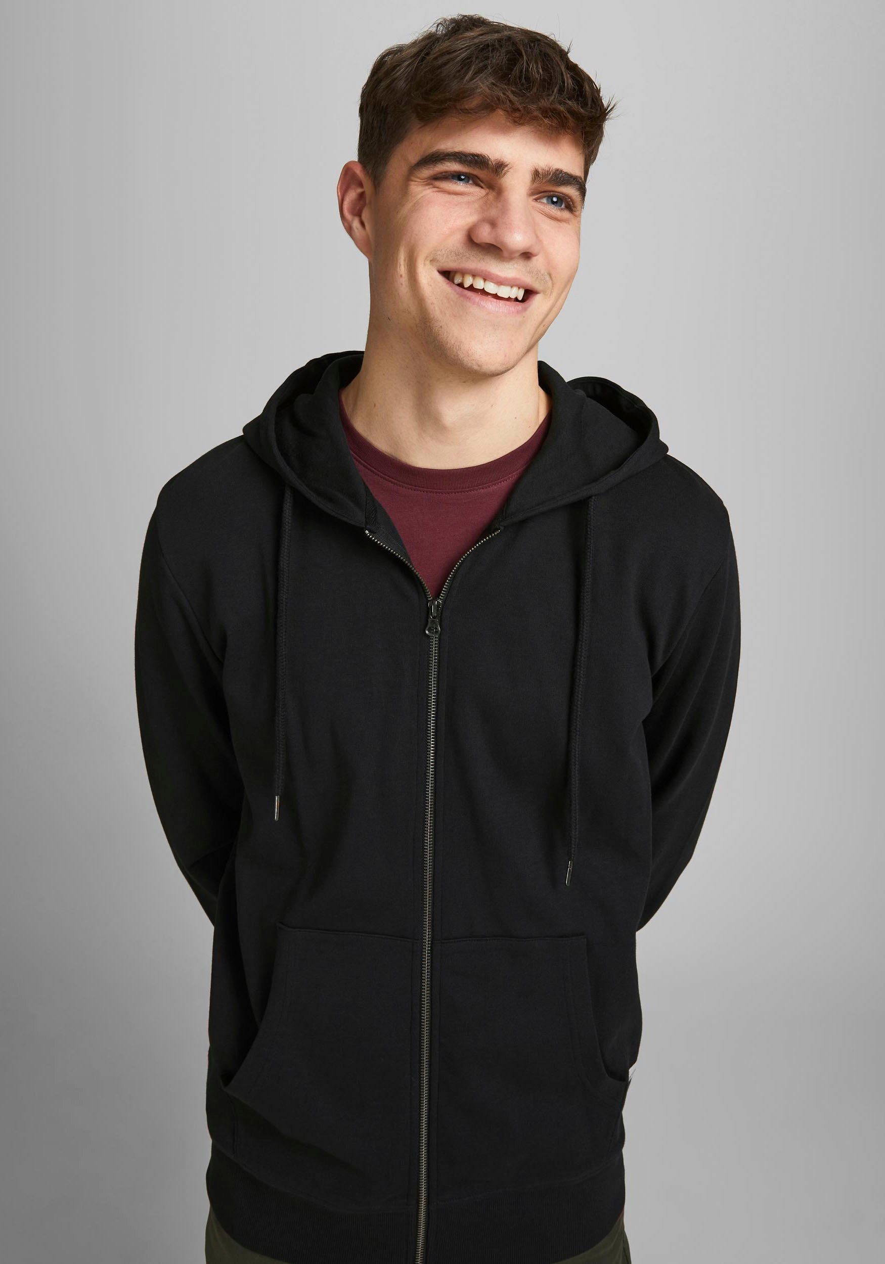 Jack & Jones Kapuzensweatjacke JJEBASIC Hoodie mit Rippbündchen und angenehmem Tragegefühl unifarben, modisch, regular fit, Baumwollmischung, Rundhals