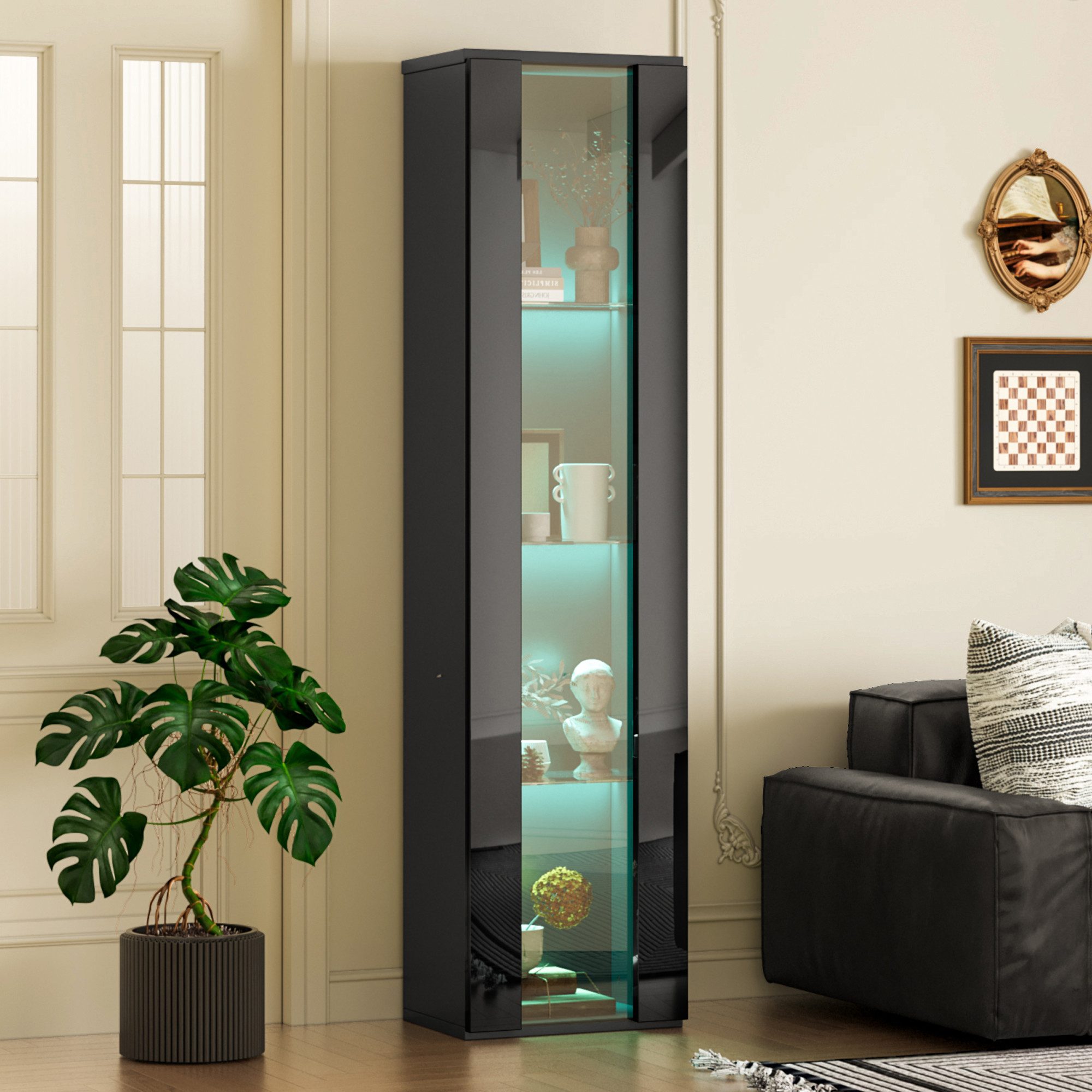 STILVORA Vitrine Hochschrank mit Glastrennwand&LED,Highboard mit Acrylplatte,Schwarz (Multifunktionale Glasvitrine 40 x 29 x 170 cm mit LED-Farbwechsellicht, Fernbedienung/App-Steuerung, Glastrennwand und Acrylplatte., 1-St., 1er Set) LED-Farbwechsellicht