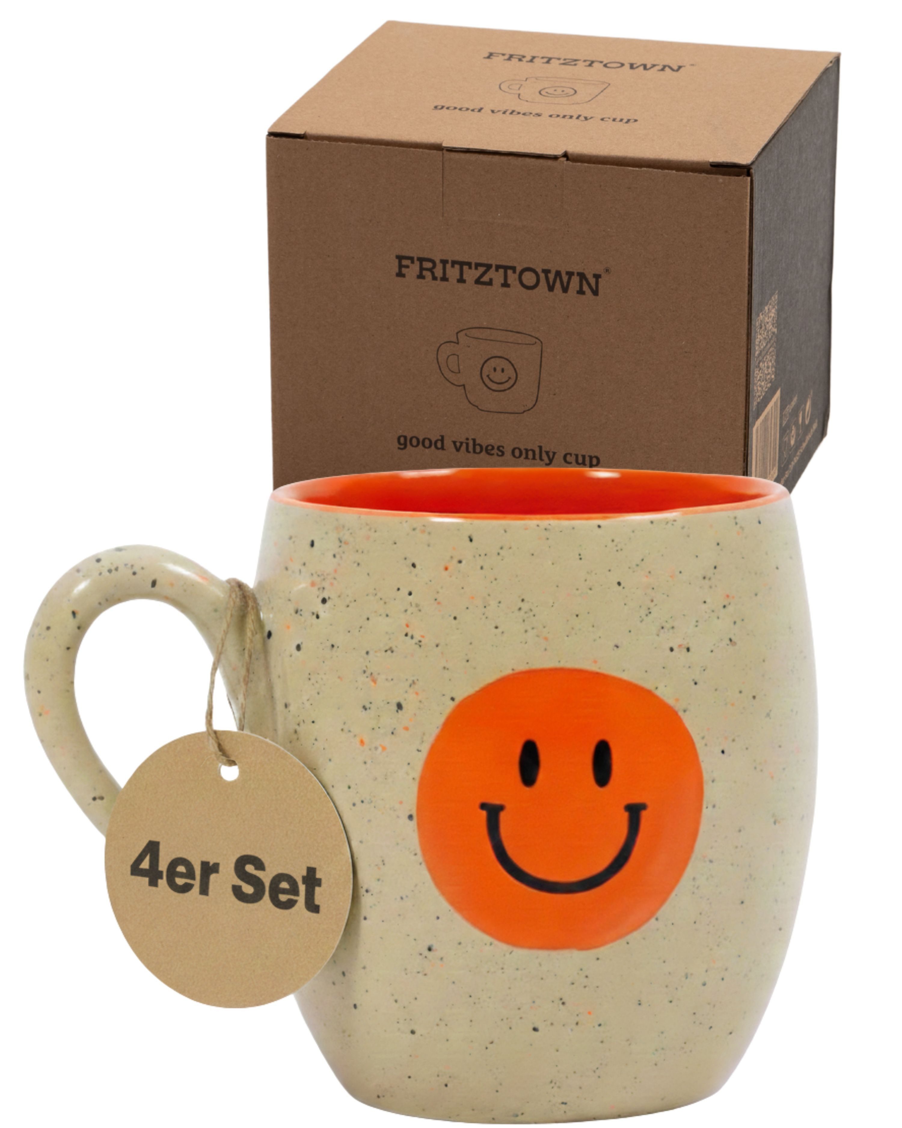 FRITZTOWN Tasse Good Vibes Only 440ml, Große Keramiktasse in Geschenkverpackung, 4-tlg., Keramik