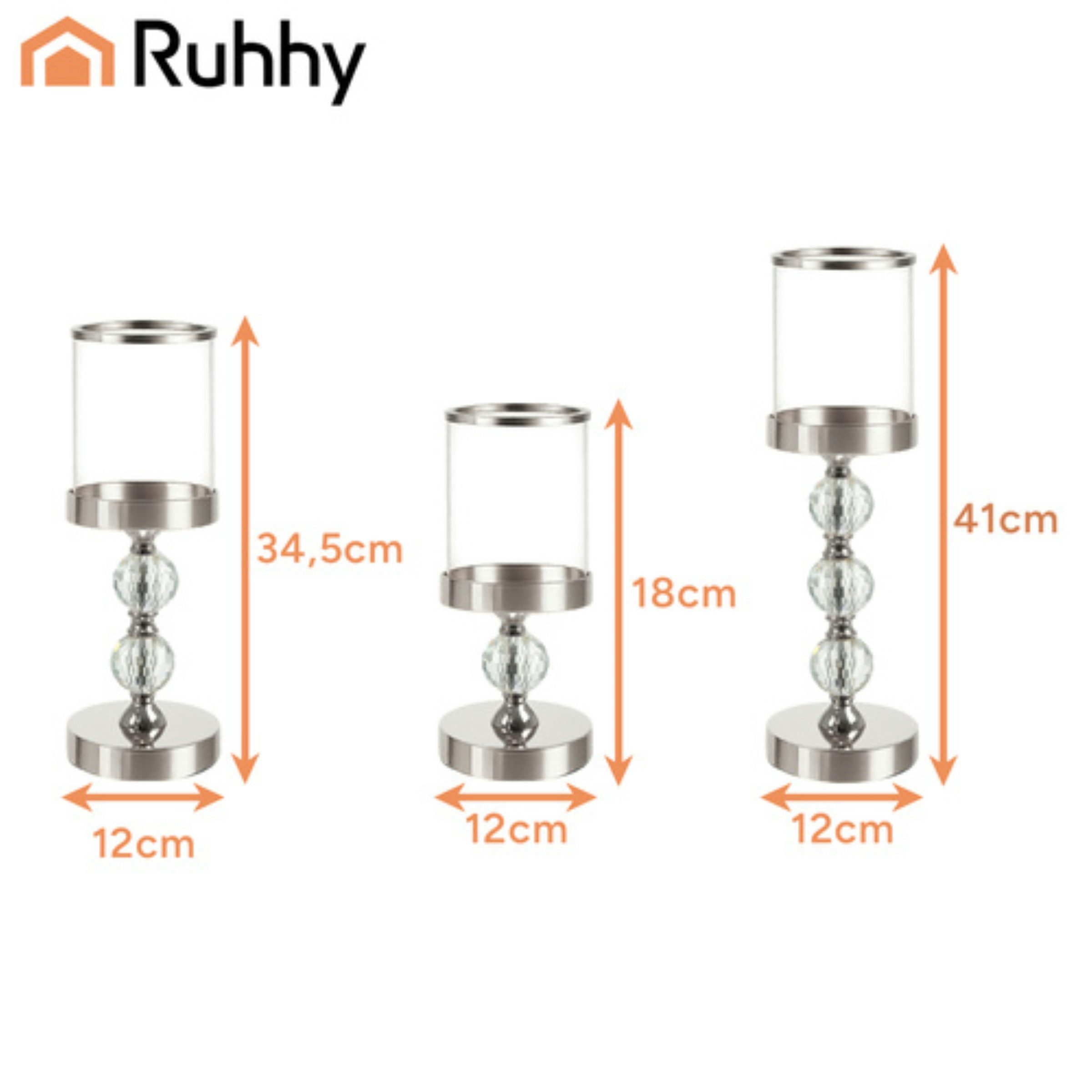 Ruhhy Kerzenständer Kerzenständer Laternen Set 3-teilig Glamour mit Kristalloptik Silber (Kerzenständer Set 3-teilig für Tischdekoration im Glamour Stil, 3 St., 3-teiliges Kerzenständer Set aus Glas und Metall mit Kristalloptik), Kristalloptik Unterschiedliche Höhen Verspiegelte Einsätze