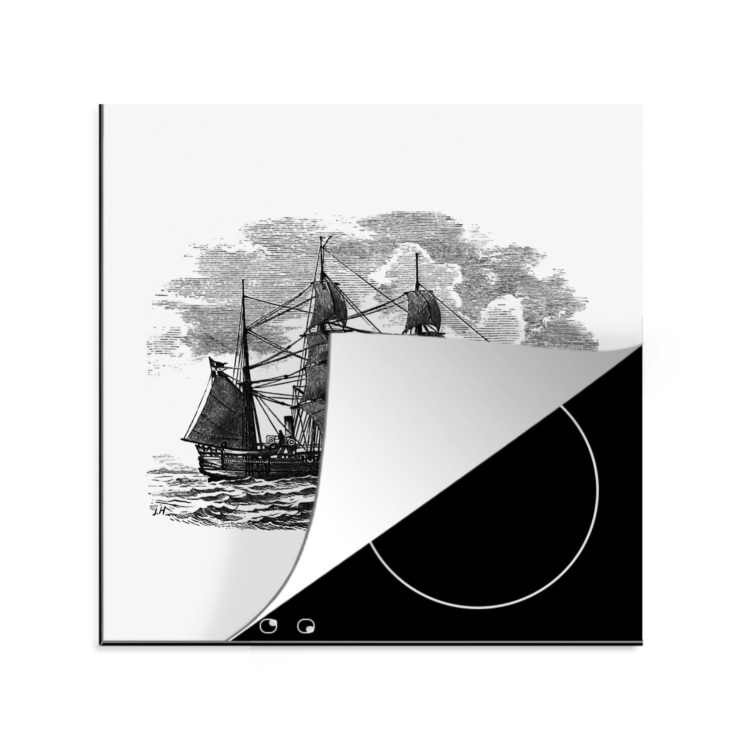 MuchoWow Herdblende-/Abdeckplatte Jahrgang - Boot - Segeln, Vinyl, (1 tlg), 78x78 cm, Ceranfeldabdeckung, Arbeitsplatte für küche | Herdabdeckplatten