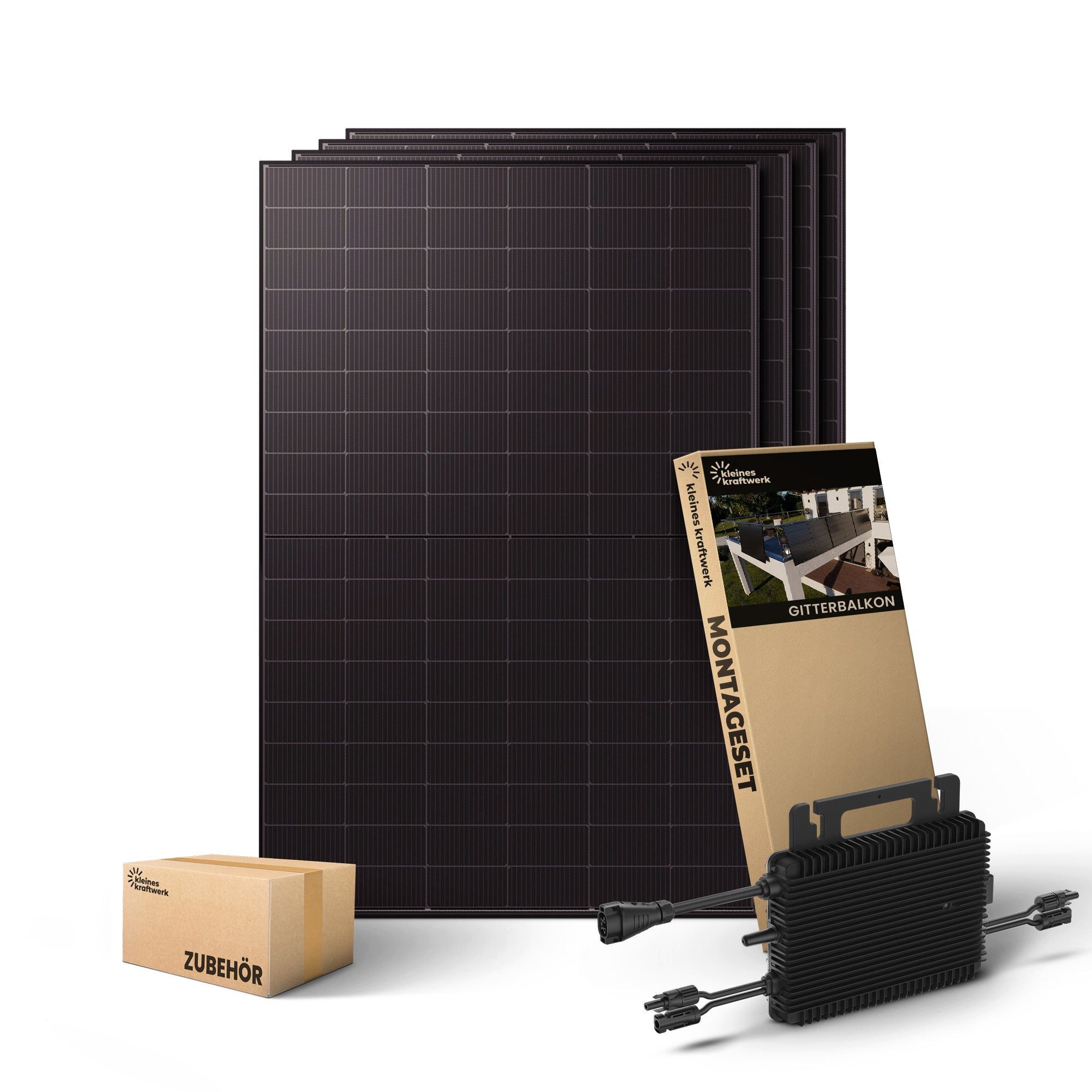 Kleines Kraftwerk Balkonkraftwerk, 2000 W, Monokristallin, (Gitterbalkon, Solaranlage Komplettset mit Wechselrichter), 4 x 500W, Wechselrichter, Stromanschlusskabel, Solarverlängerungskabel
