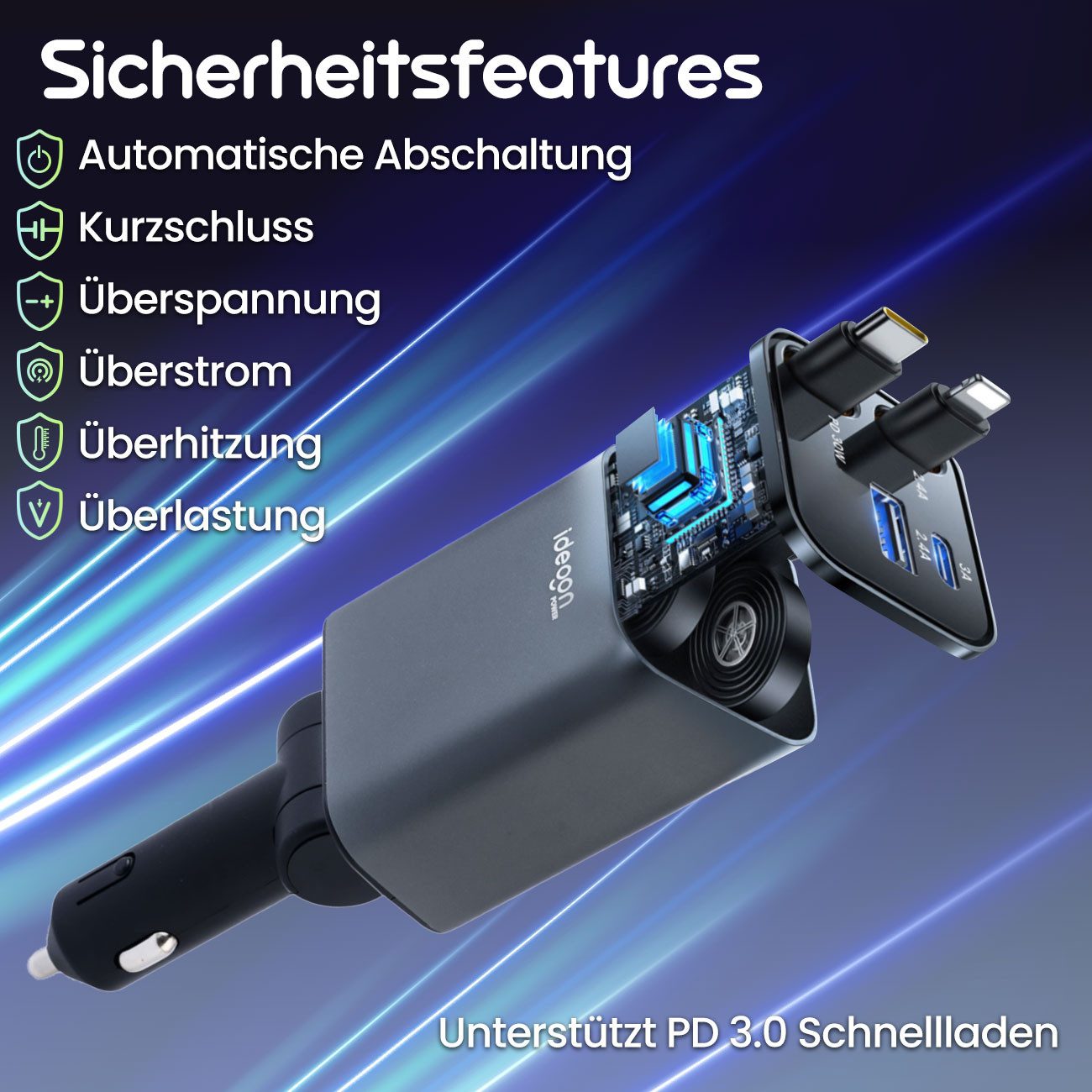 shop'n smile ideoon 4in1 KFZ Ladegerät 69W mit PD 3.0 Schnellladen Aufrollbares USB-C KFZ-Adapter zu Lightning, 69W, PD3.0 & QC, USB-C/Lightning Kabel, 2 Ports, 12–24V, Schutzsystem