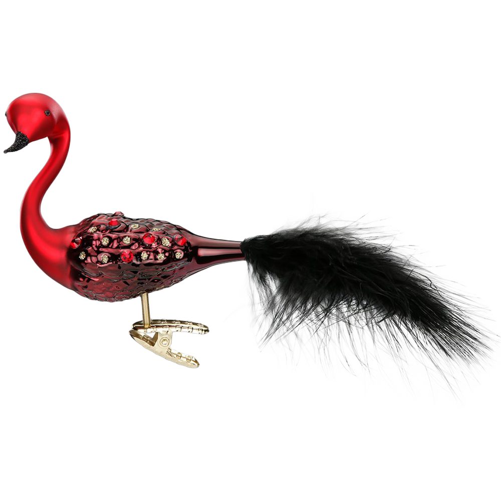 INGE-GLAS® Christbaumschmuck Pfau, Pfauenpracht 9cm Glasvogel mit Clip (1-tlg), mundgeblasen, handbemalt mit echten Federn