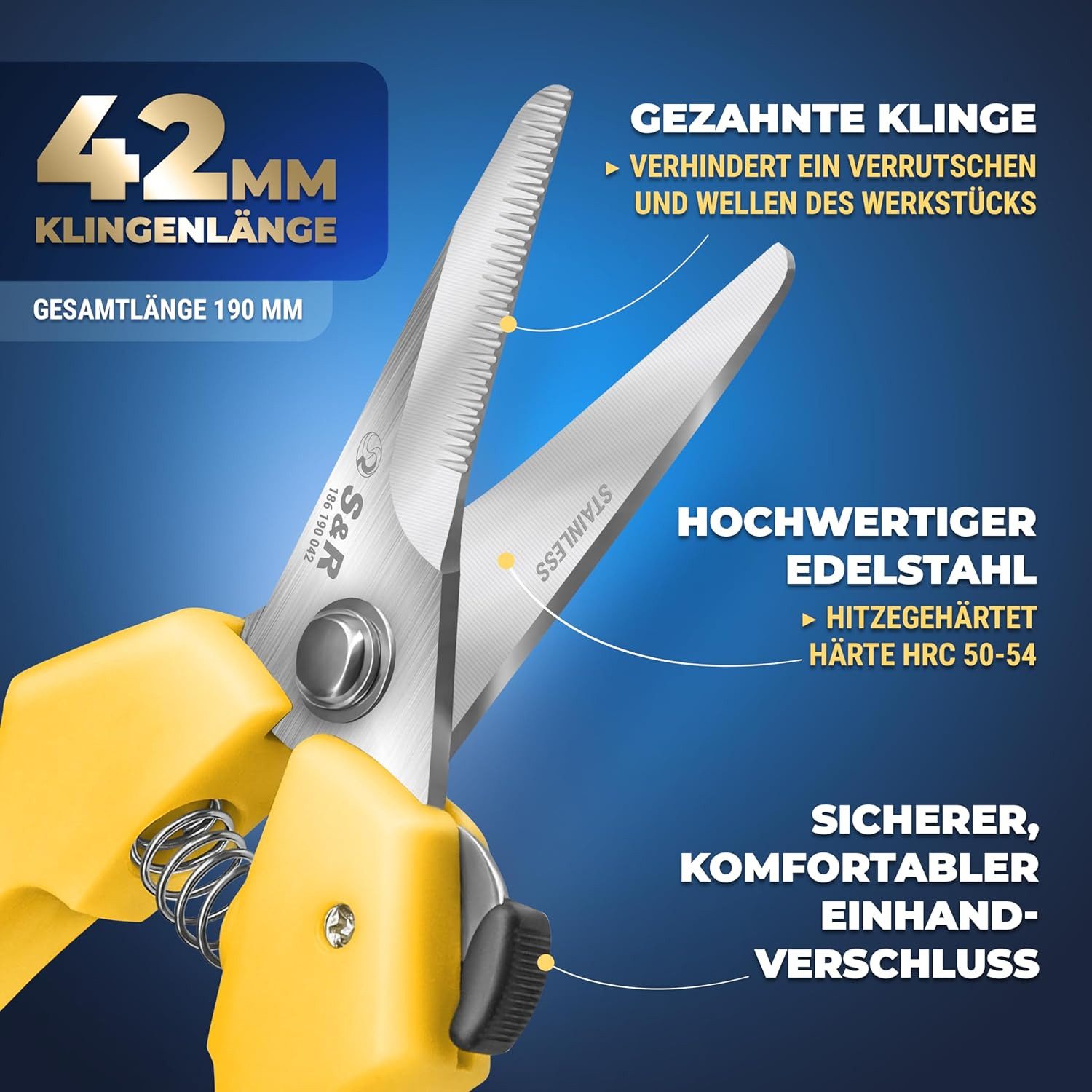 S&R Universalschere Mehrzweckschere 190 mm, 42 mm Edelstahl Klinge, Schere HRC 50-54