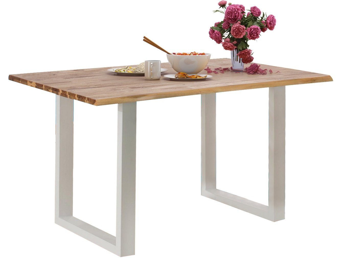 Tischplatte aus in Metall Akazie loft24 weiß Look, Mangani, Kufengestell aus Esstisch Baumkanten