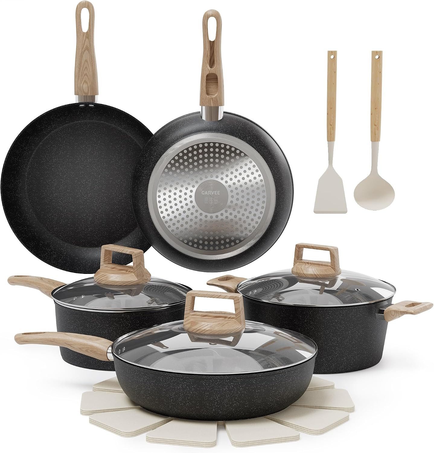 GarveeMore Topf-Set 14-tlg. Töpfe- & Pfannenset, induktionsgeeignet, Aluminium (Set, 14-tlg., Pfannen, Kasserolle, Schmorpfanne, Topf, Deckel, Schoner, Utensilien), Keramik-Antihaft,PFA-frei, induktionstauglich, Handwäsche empfohlen