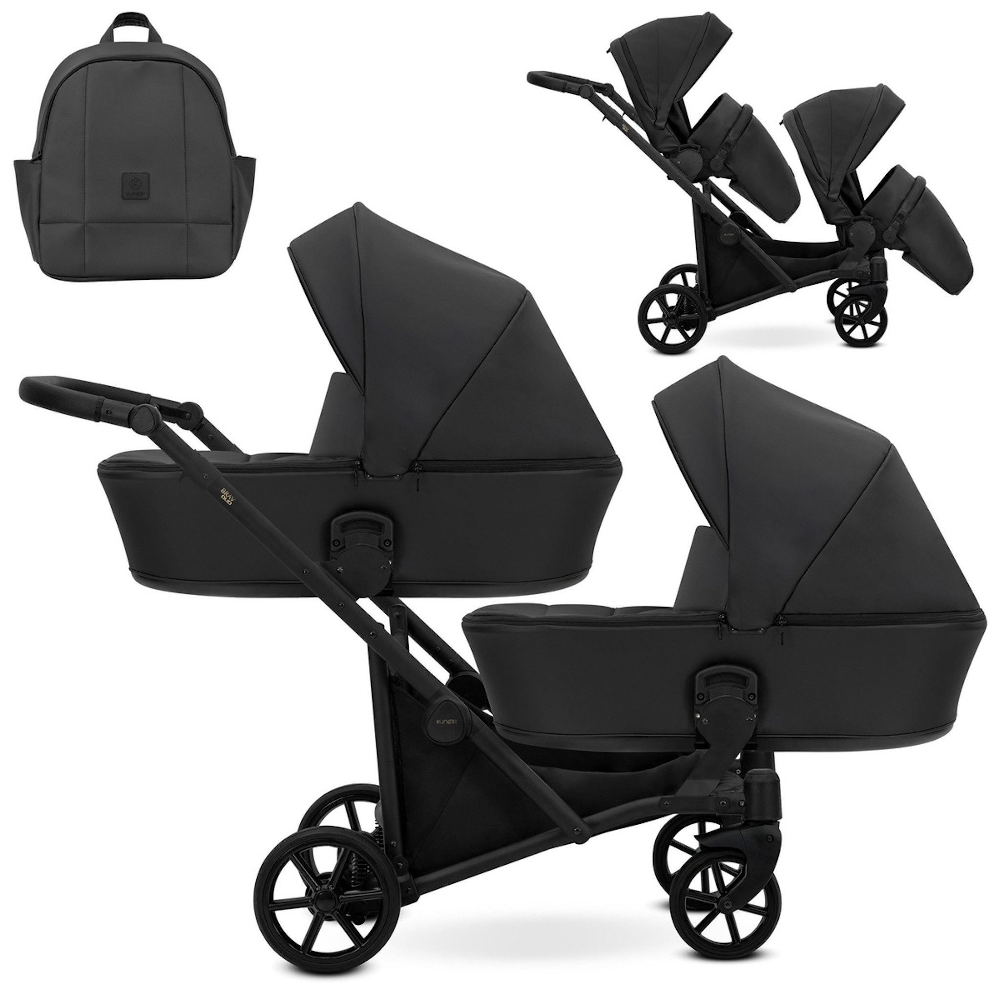 KUNERT Zwillings-Kombikinderwagen BRAV DUO 2in1 Öko-Leder Doppelkinderwagen - Flexibel und Kompakt, 12 Konfigurationen, leichtes Aluminiumgestell, große Ablagefächer
