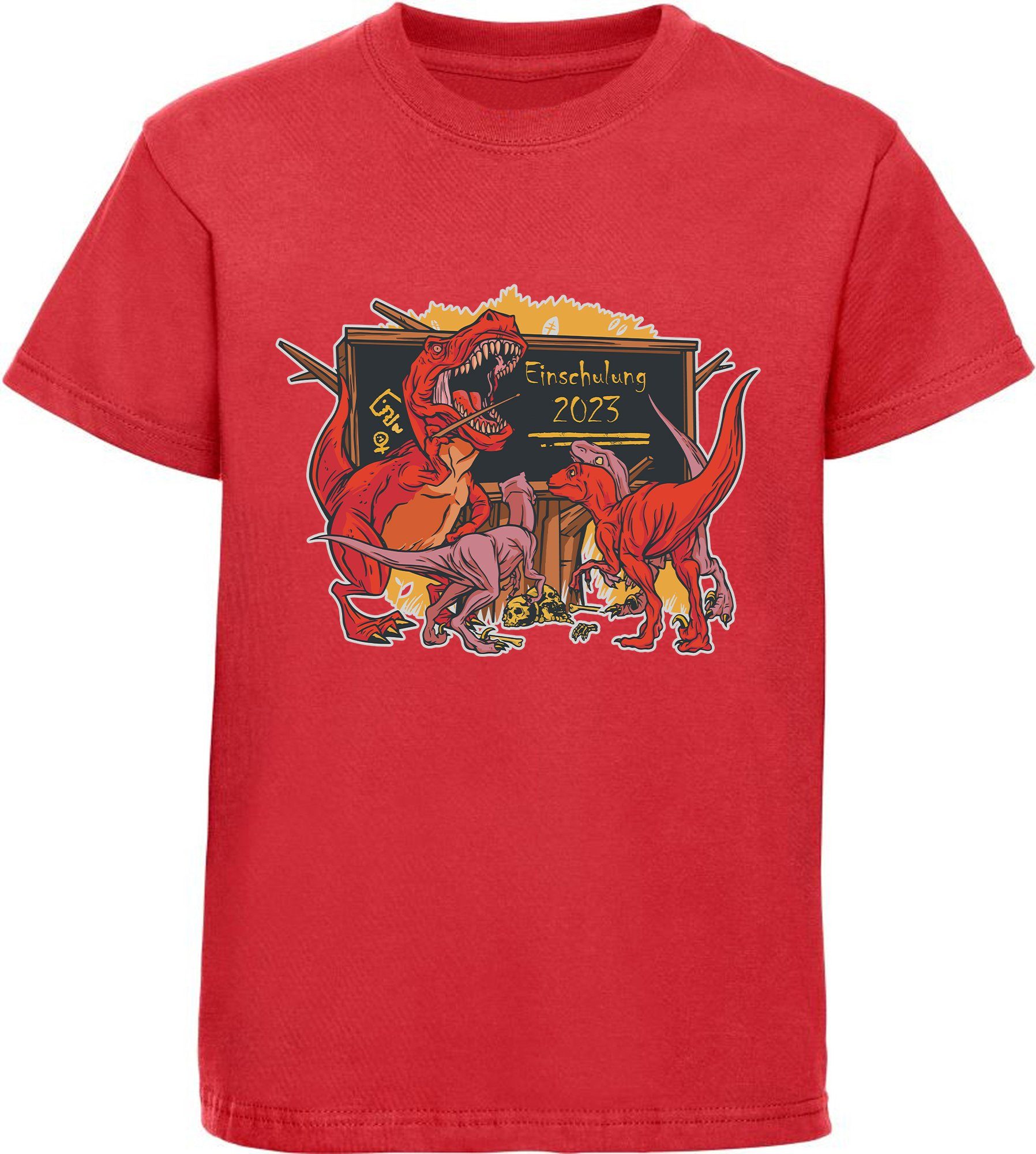 MyDesign24 Print-Shirt bedrucktes Kinder T-Shirt brüllender T-Rex als Lehrer Baumwollshirt Einschulung 2023, schwarz, weiß, rot, blau, i38