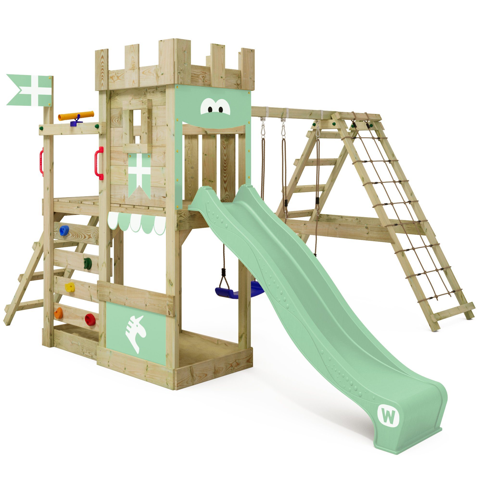 Wickey Spielturm DragonFlyer Stelzenhaus – Ritterburg mit Kletteranbau, Unvergessliche Erlebnisse für Kinder mit 10 Jahren Garantie*