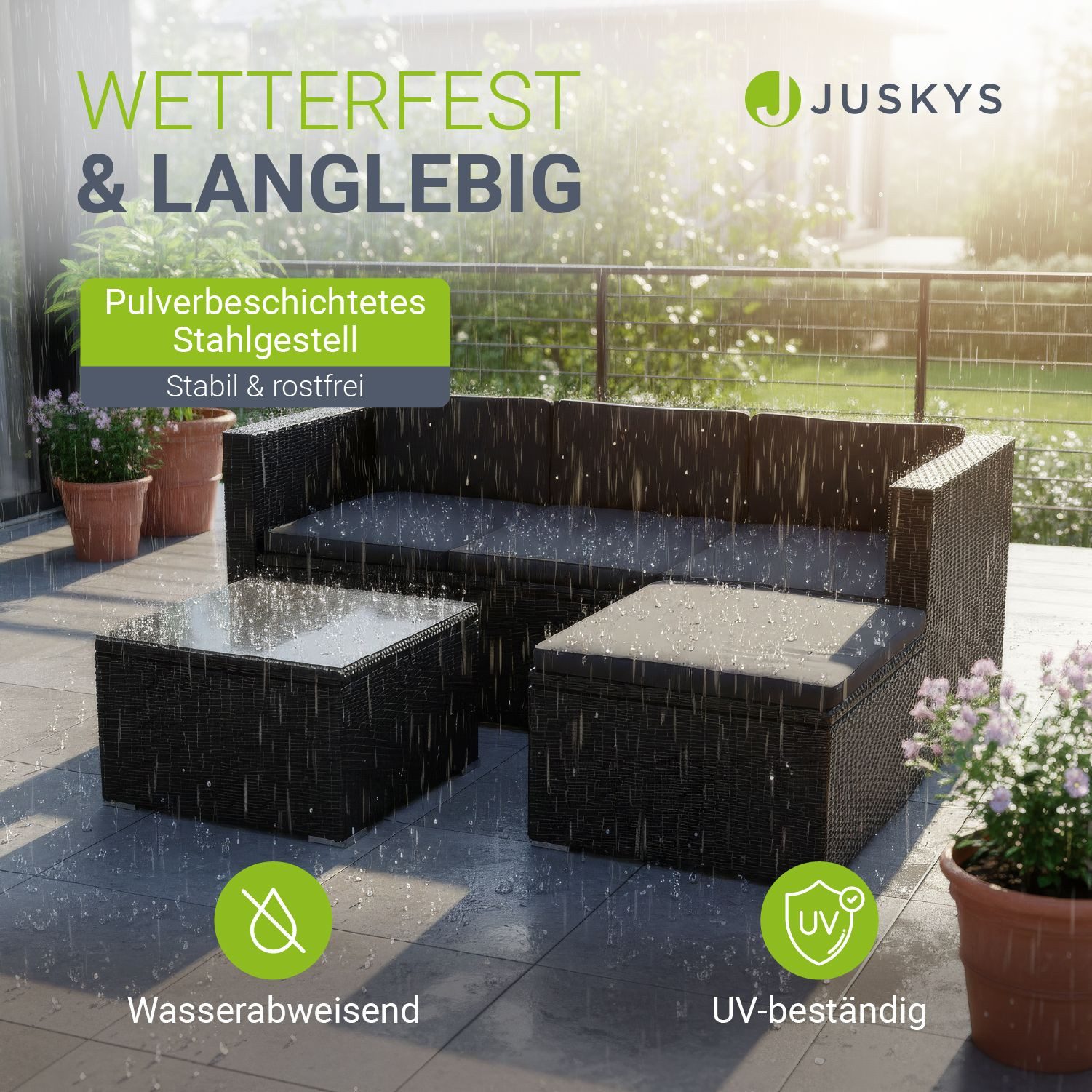 Juskys Gartenlounge-Set Punta Cana, (Set, Sitzgruppe), Polyrattan Sitzgarnitur mit 1 Tisch, 1 Sofa und 1 Hocker