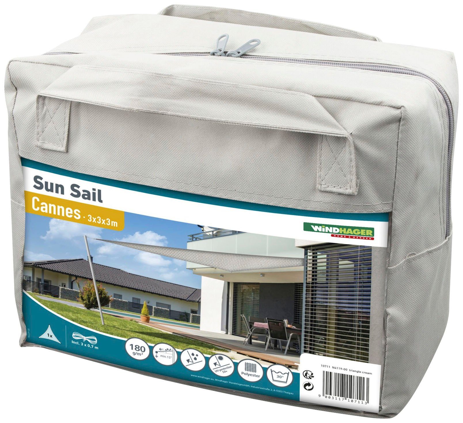 Windhager Cannes Triangle Sun Shade Sail, 3x3x3m, grey