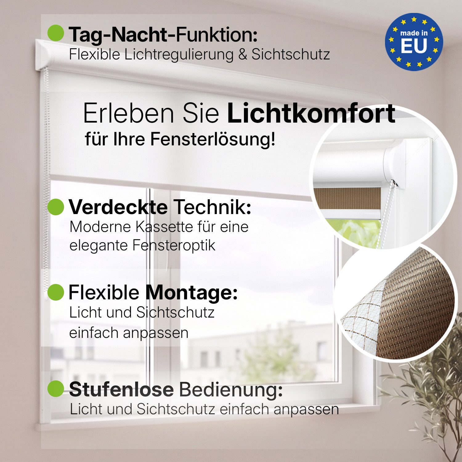 Rollo Kassetten Doppelrollo mit Seitenführung, Sichtschutz, DomDeco, blickdicht, ohne Bohren, durch Kleben oder Schrauben, Duo Rollo, Stufenlos verstellbar, Tag Nacht Rollo