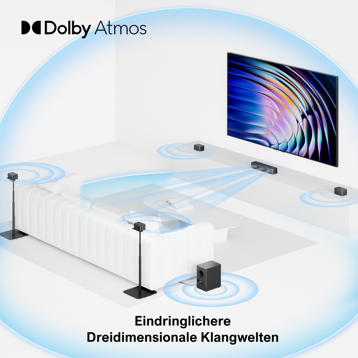 Ultimea Poseidon D80 Boom Soundbar 7.1 Surround Sound System für TV mit Dolby Atmos (HDMI, Bluetooth, 500 W, 4 kabelgebundene Surround-Lautsprecher, 6.5“ Wireless Subwoofer)