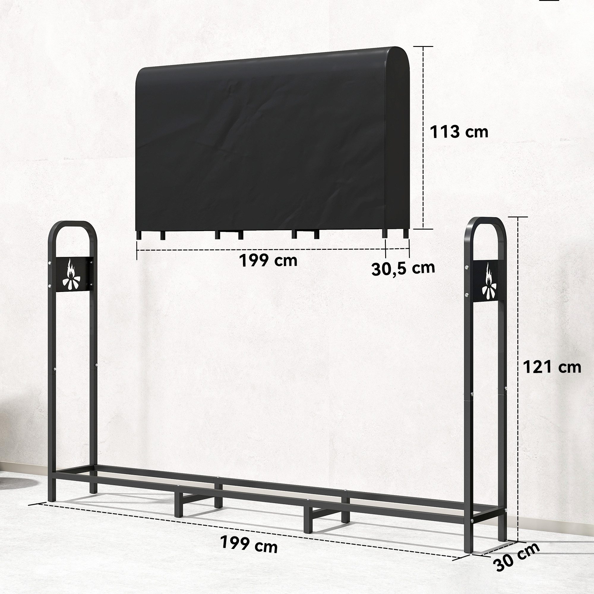 Outsunny Kaminholzregal 300 kg Kapazität, Feuerholzregal, BxTxH:199x30x121 cm, (Kaminholzständer, 1-St., geometrische Brennholzregal), für Outdoor, Schwarz