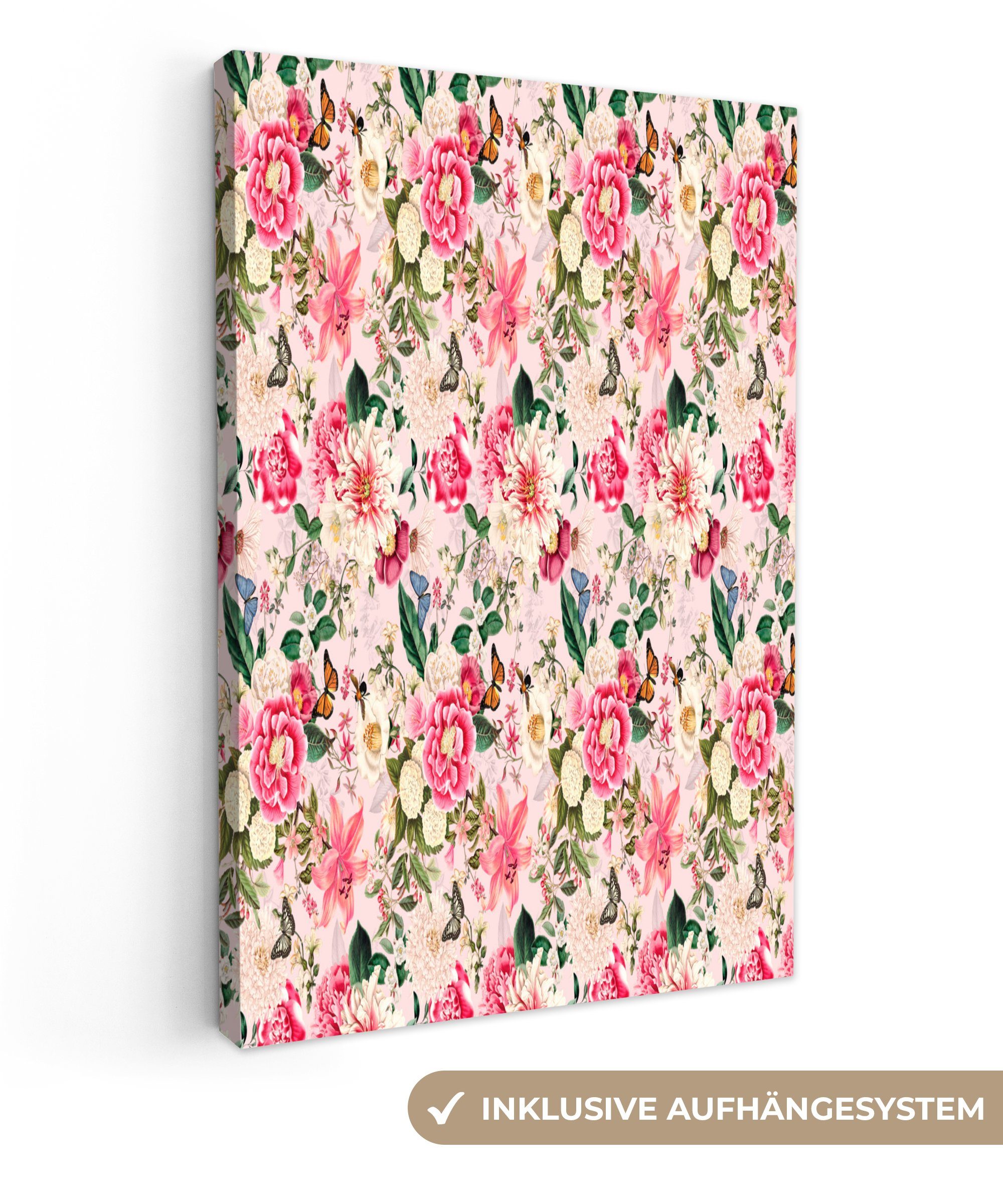 cm Leinwandbild 20x30 Blumen Lilie Rosa - - Leinwandbild Schmetterling, - Gemälde, St), bespannt OneMillionCanvasses® inkl. fertig Zackenaufhänger, (1