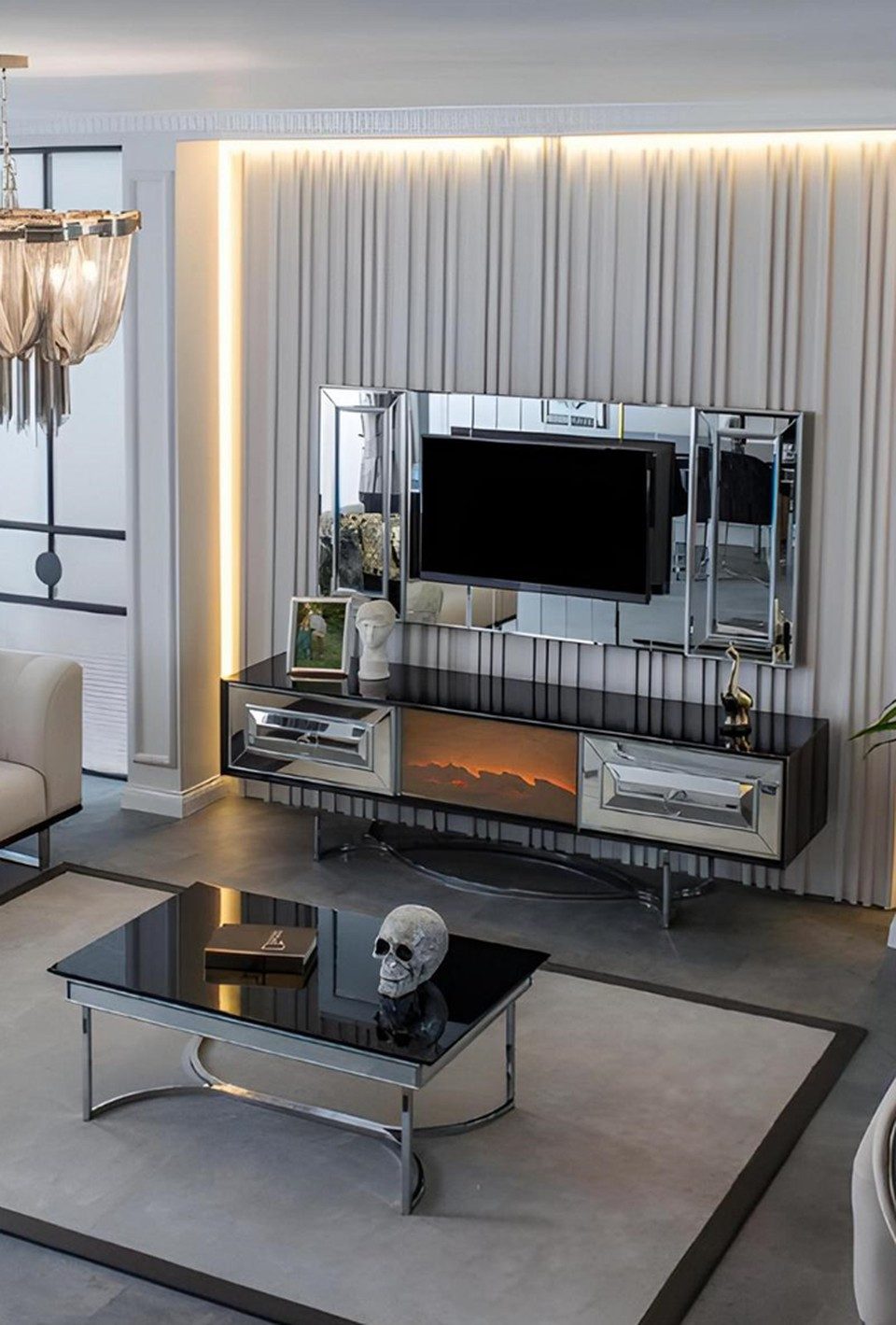 Xlmoebel TV-Schrank Luxus Wand Fernseher Set mit Couchtisch und Sideboard in Silber Made in Europa