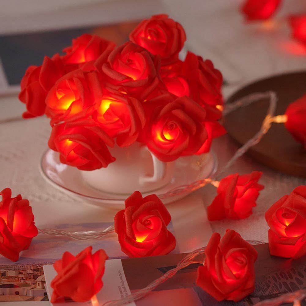 MUPOO LED-Lichterkette LED Nachtlicht 3M 20LEDs Girlande,Kunstblume Rose Warmweiß,Batterie, für Party Garten Weihnachten,Blumengirlande Rose,LED Dekolicht Rot