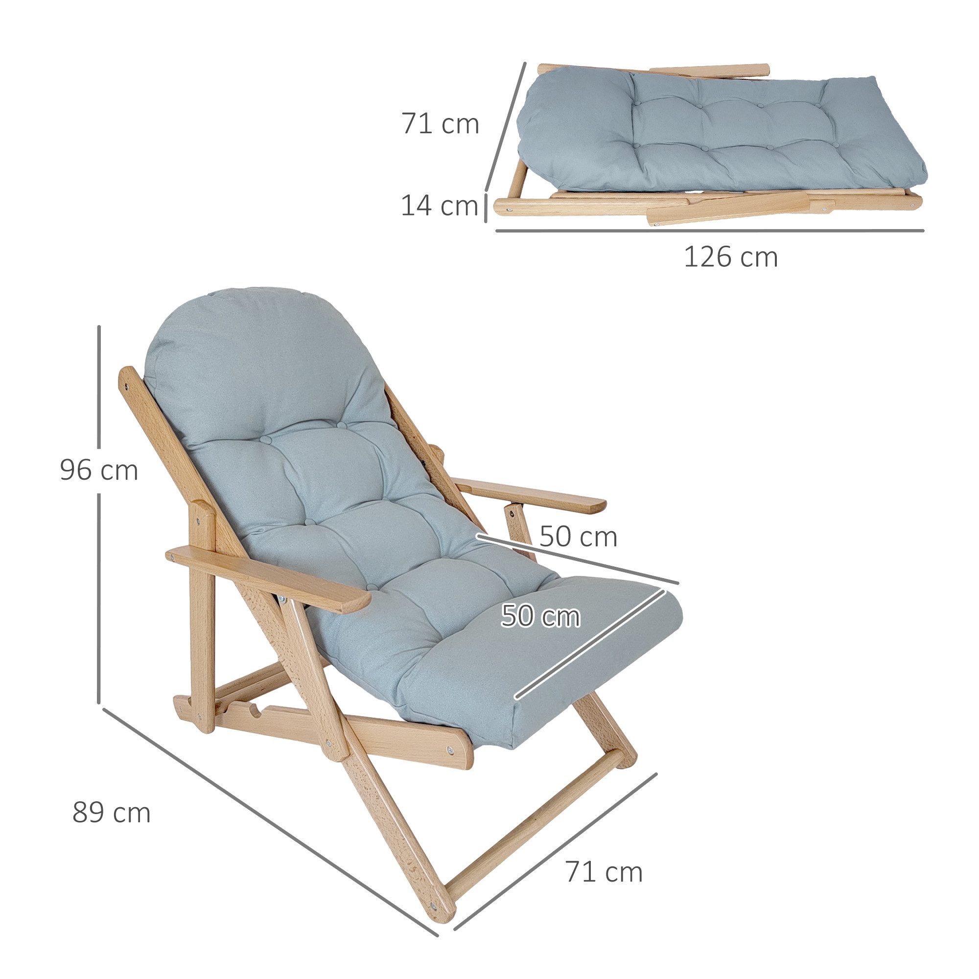 HOMCOM Relaxsessel Relaxstuhl Esszimmerstuhl mit Leinenoptik Hellgrau (Ruhesessel, 1-St., Klappbar Polstersessel), für Wohnzimmer, Buchenholz, 71 x 89 x 96 cm H – Bild 3 von 5