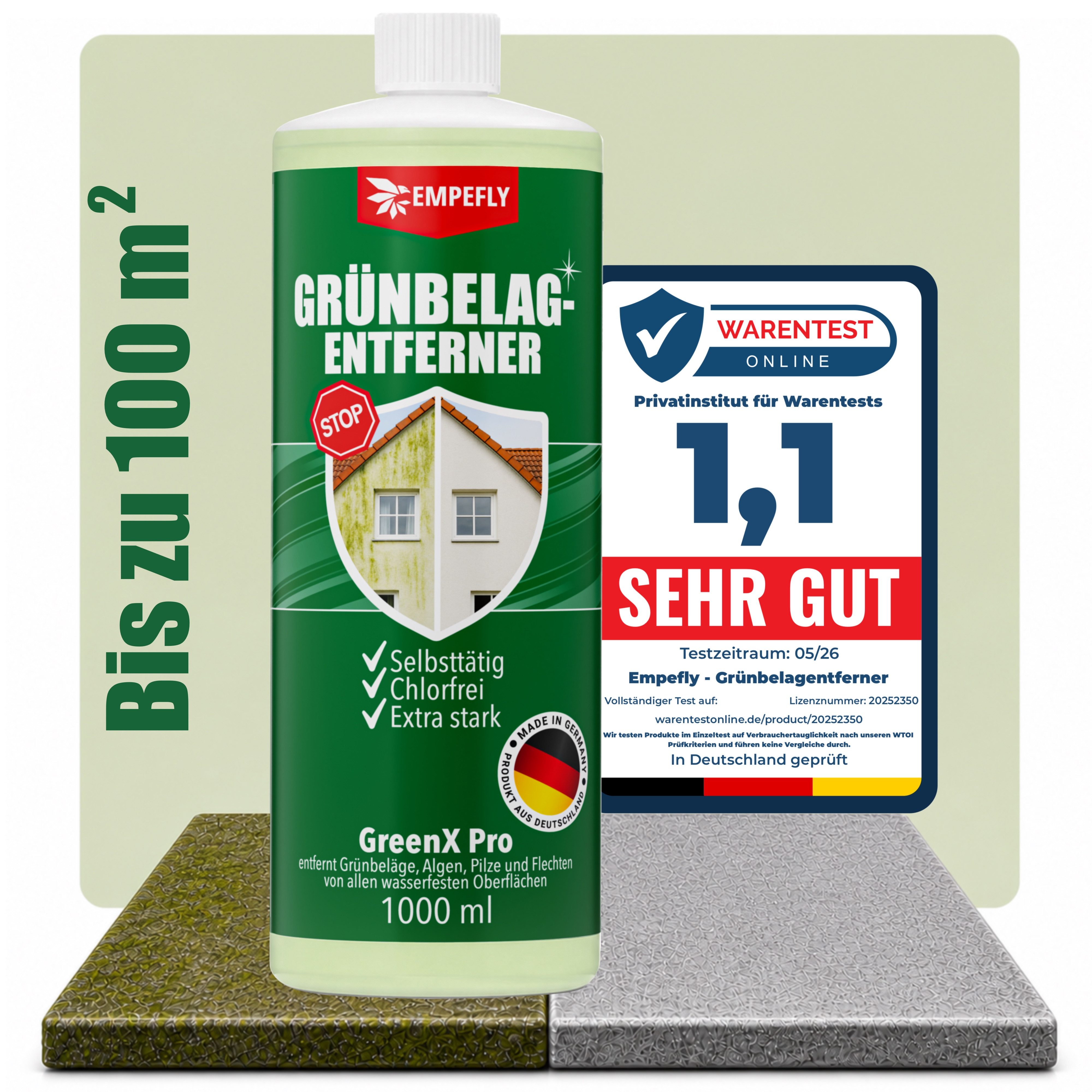 Empefly GreenX Pro Grünbelagentferner, Algenentferner, Flechtenentferner Grünbelagentferner (Einzelartikel, [- 1× 1-Liter-Flasche Konzentrat, reicht für ca. 50–100 m² Konzentrierter Grünbelagentferner, selbsttätig, chlorfrei)