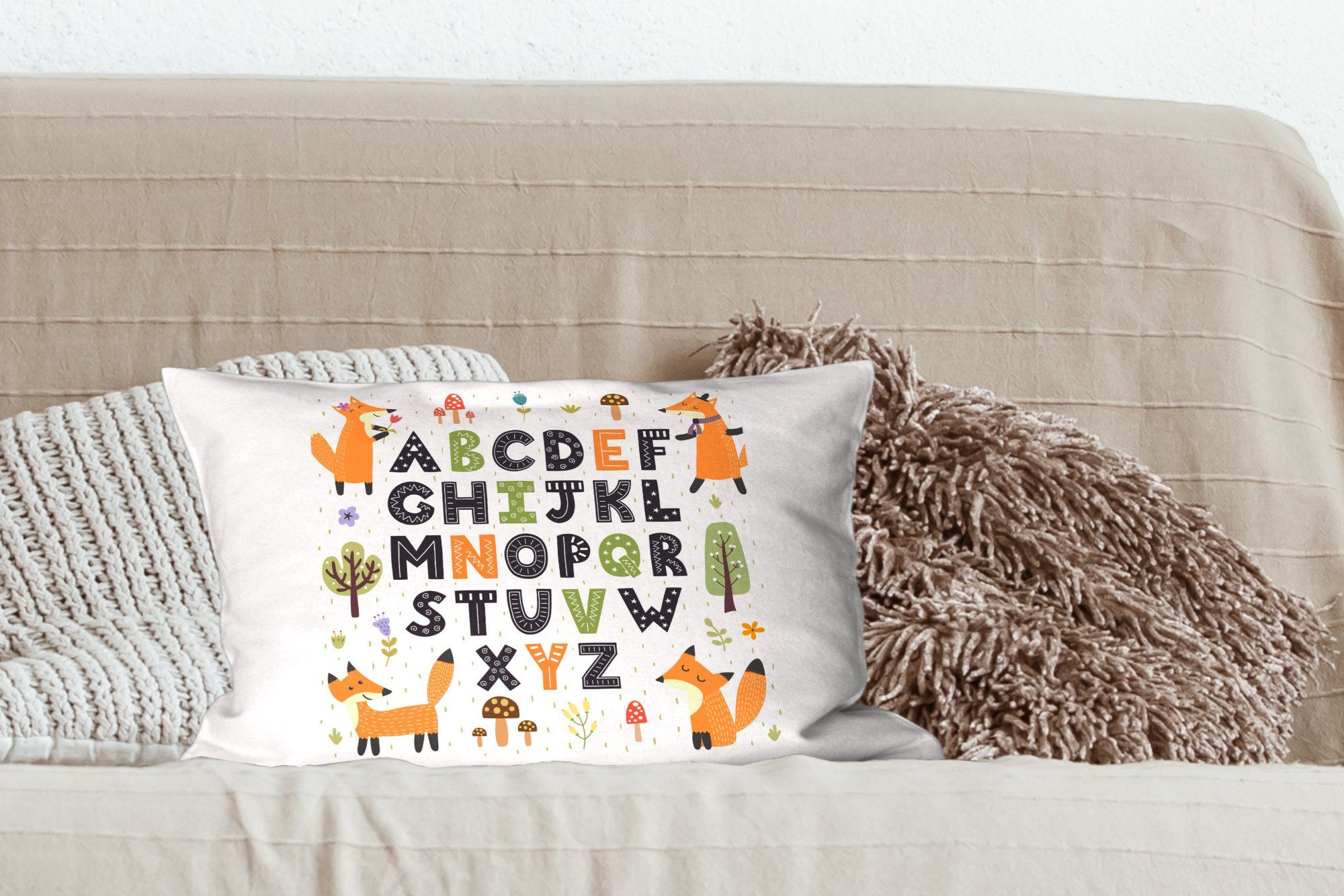 Schlafzimmer Dekokissen Wohzimmer Alphabet mit Dekokissen Füchsen, mit Zierkissen, Dekoration, Füllung, MuchoWow Illustration