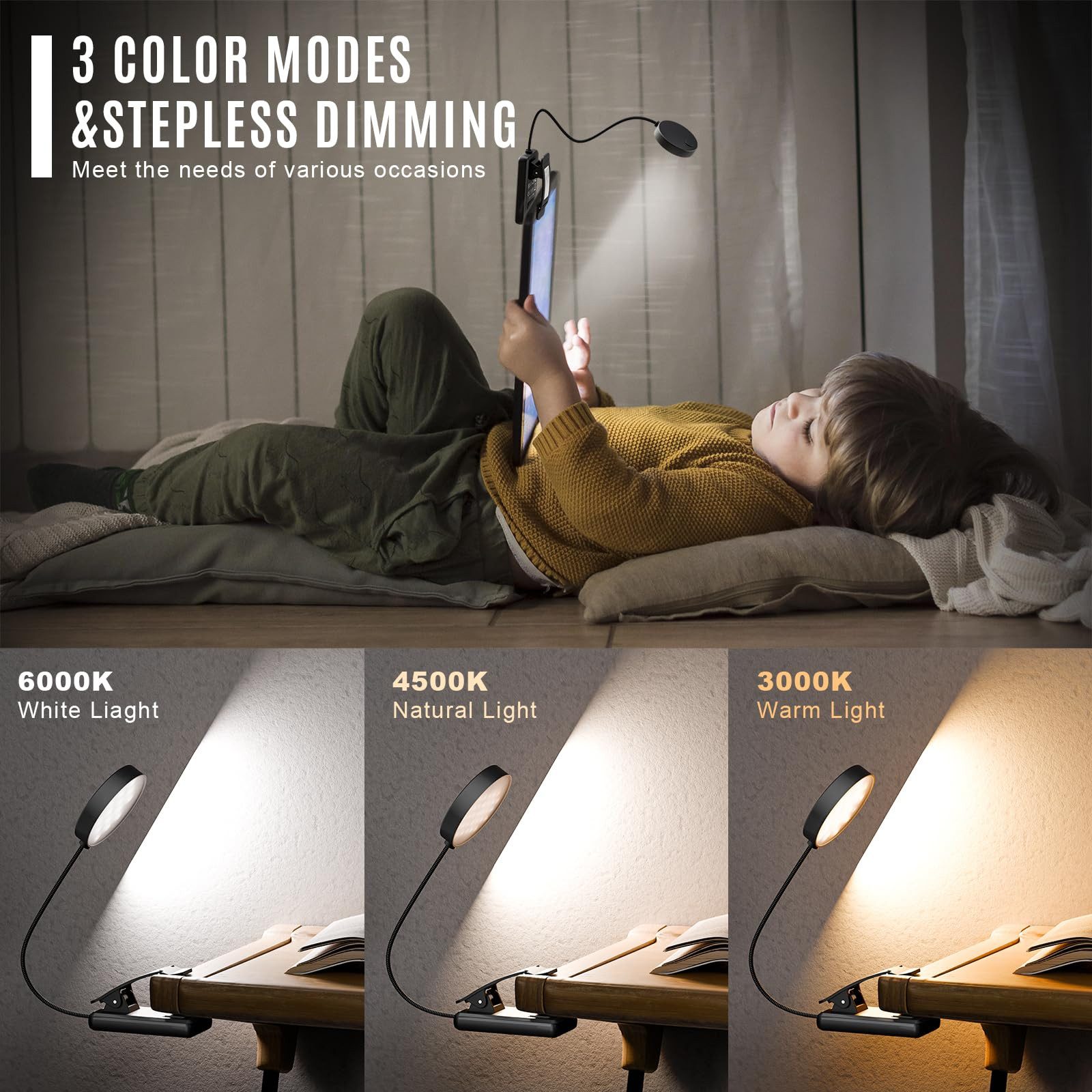 LQWELL LED Schreibtischlampe LED Leselampe Nachttischlampe Leselampe Tisch Buch Klemme im Bett, LED fest integriert, 3 Farbtemperaturen, 10 Helligkeitsstufen, stufenlos dimmbar, 360° flexibles Buchlicht, Für Kinder und Buchliebhaber, ideal für Büro, Schlafzimmer.