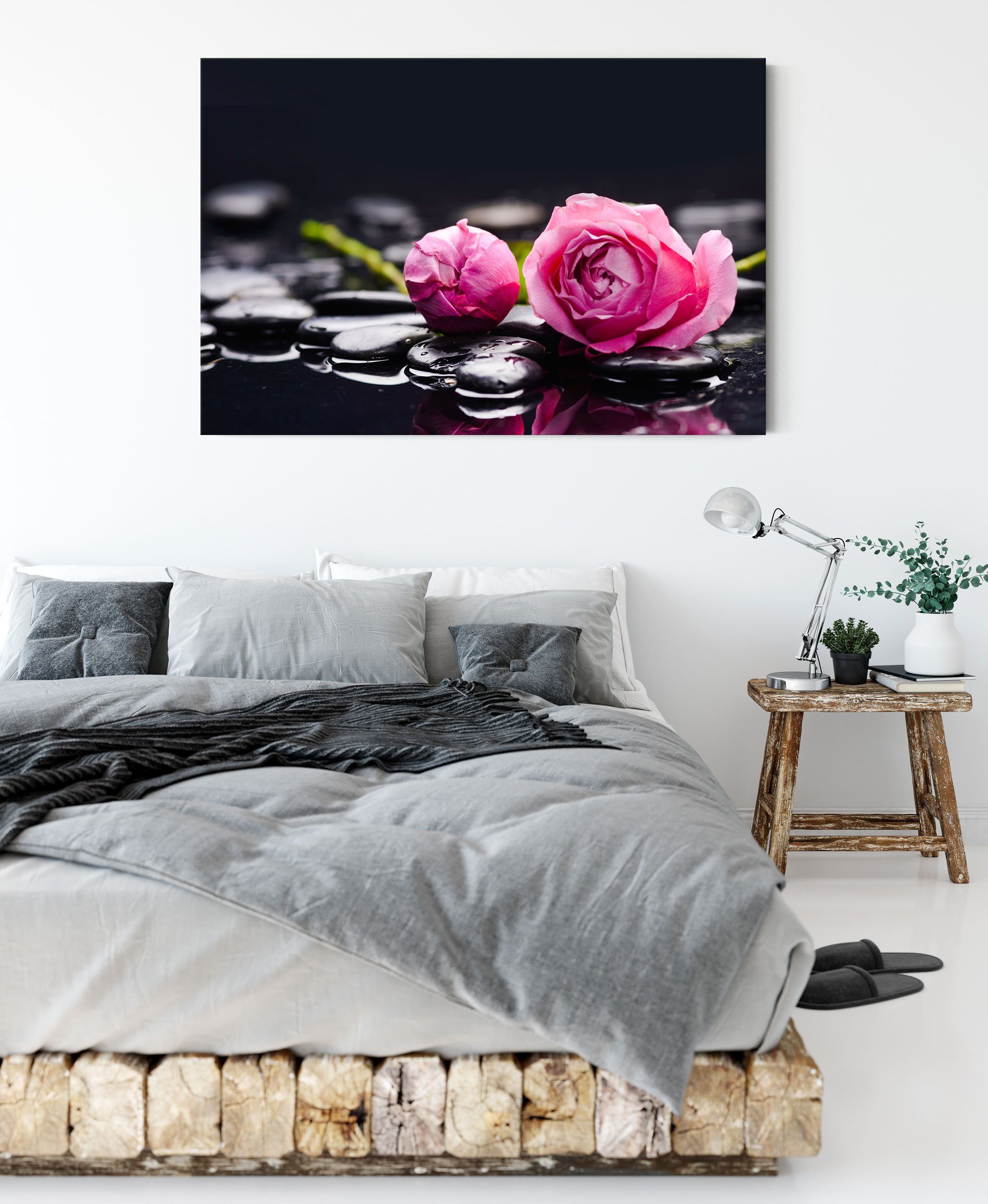 Hintergrund St), Hintergrund, Zackenaufhänger (1 Rosenblüte Rosenblüte inkl. Leinwandbild Pixxprint Rosa bespannt, Leinwandbild Rosa fertig