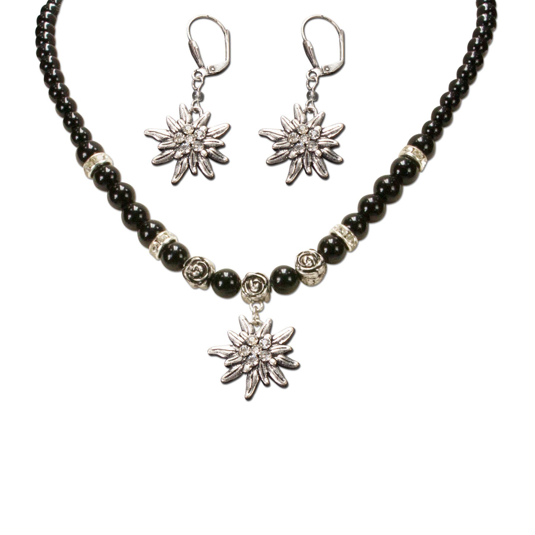 Ketten-Set Trachtenschmuck-Set Perlen-Trachtenkette und Trachten-Ohrhänger Strass-Edelweiß (schwarz)