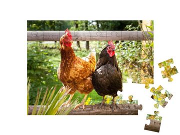 puzzleYOU Puzzle Glückliche Hühner auf einem Holzzaun im Freien, 48 Puzzleteile, puzzleYOU-Kollektionen Hühner & Küken, Bauernhof-Tiere