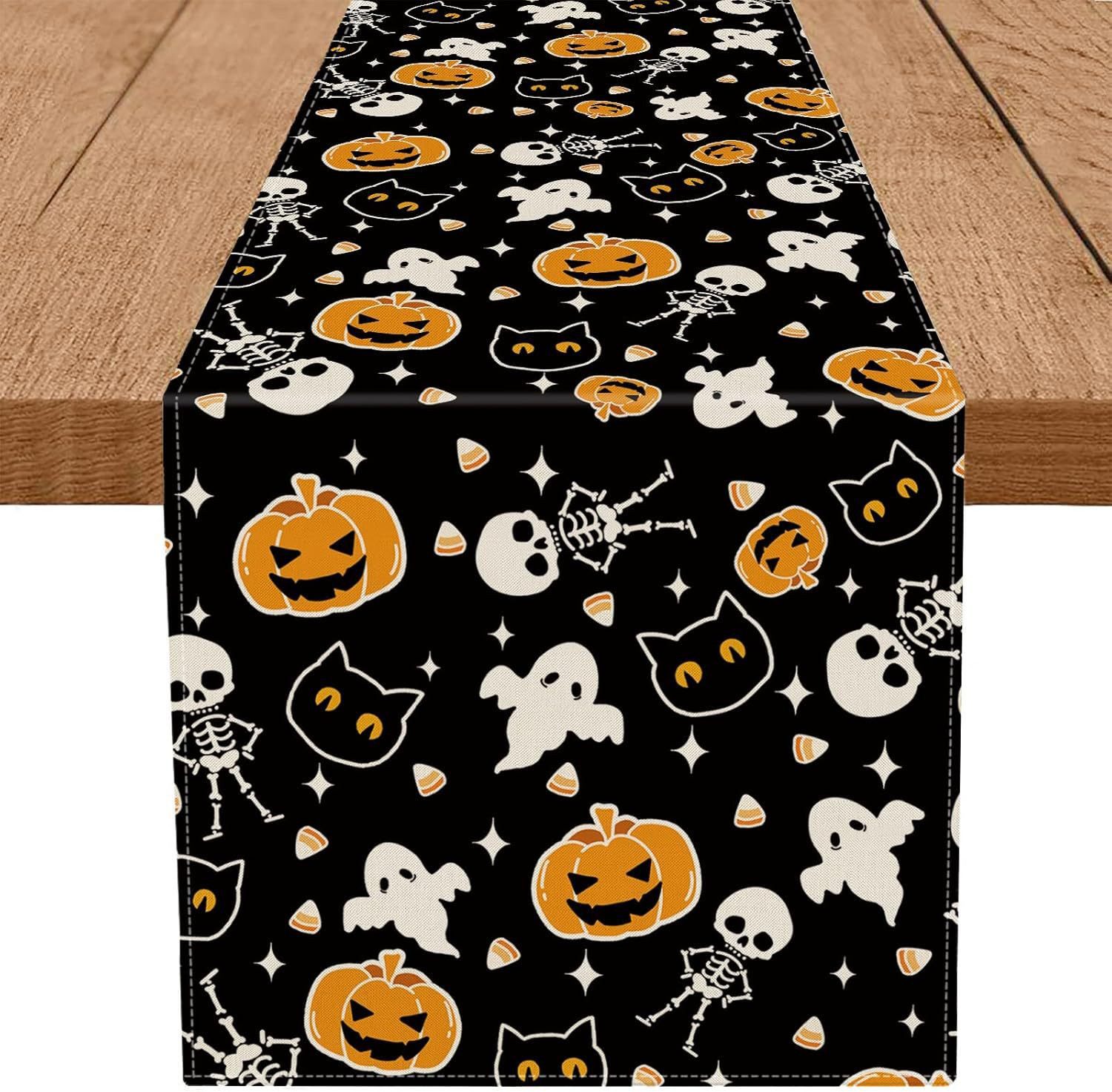 Bomiclss Tischläufer Halloween Tischläufer Leinen,Geister-Kürbis-Tischläufer, 33 × 183 cm, Tischdekoration für Zuhause, Küche, Esszimmer, Dinner, Innenbereich