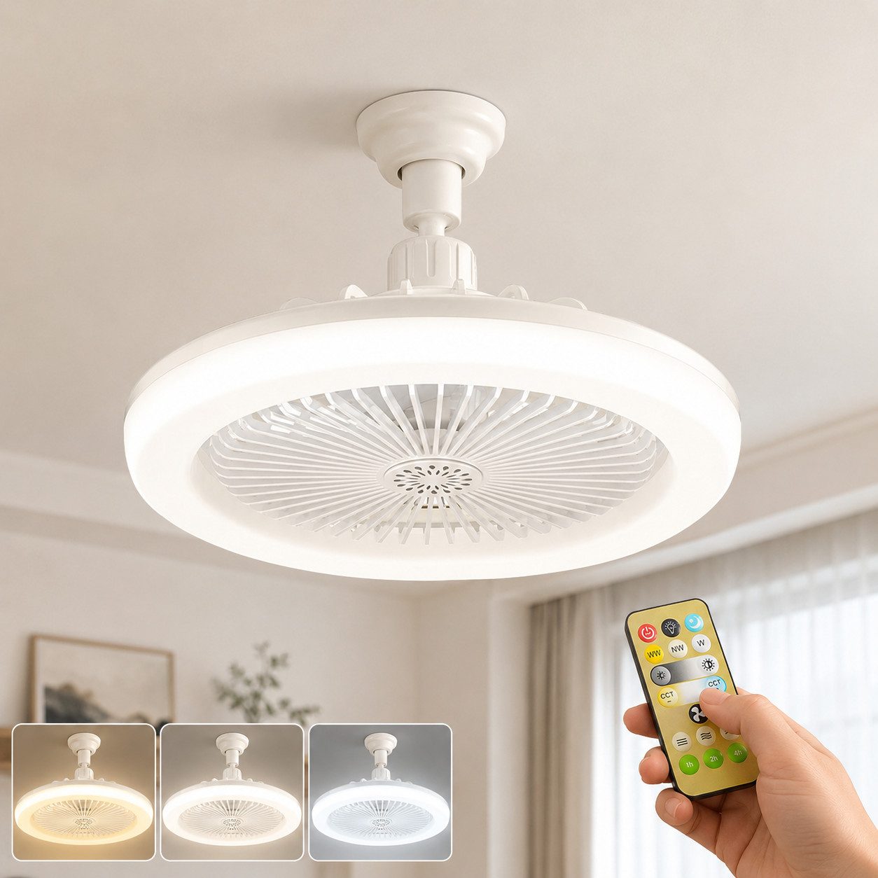 Rosnek Deckenventilator mit Beleuchtung, E27, Fernbedienung & Dimmbar, 25 cm, flaches Design, geschlossen, für Garage, Werkstatt & Lagerraum
