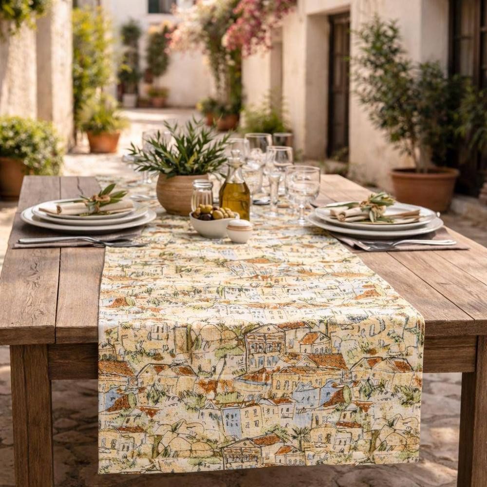 sander table + home Tischläufer Sander Tischläufer Menorca – Mediterraner Design-Tischläufer mit Häuse