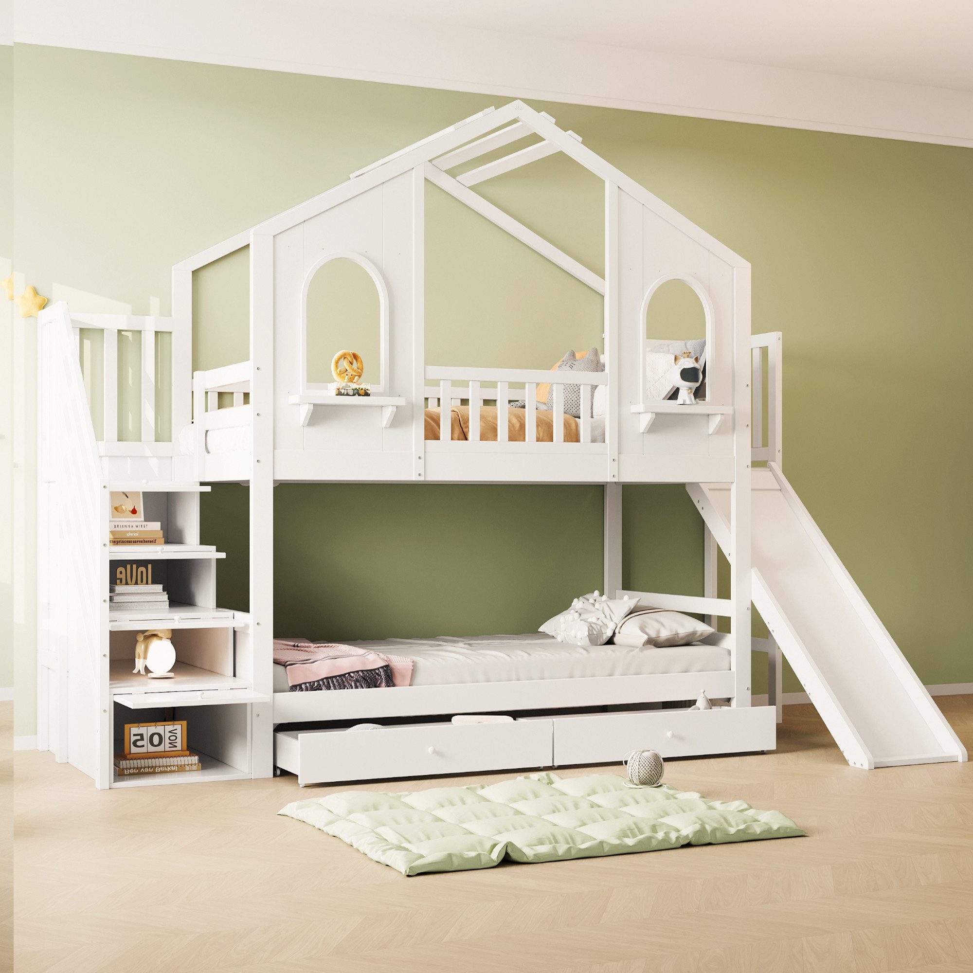 Merax Etagenbett 90x200cm (Jugendbett Doppelbett Stockbett Hausbett, 1-St), Kinderbett mit 2 Schubladen, Rutsche, Staurumtreppe & Bogenfenstern