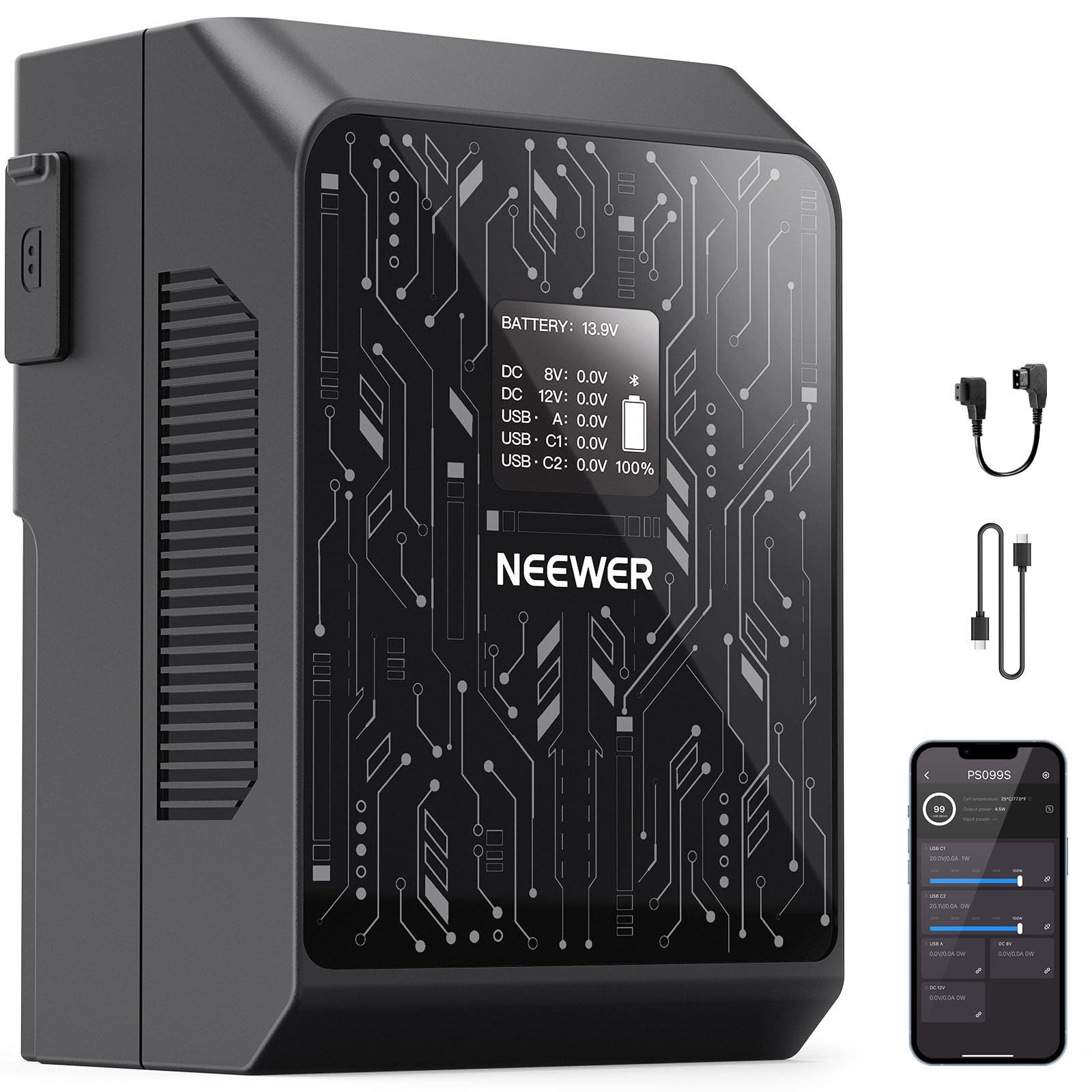 Neewer PS099S Smart Mini V Mount Akku, APP Steuerung, 6800mAh Kamera-Akku 6800 mAh, 99Wh 14,5V, 100W PD Schnellladung, für BMPCC 4k 6k Camcorder Kamera