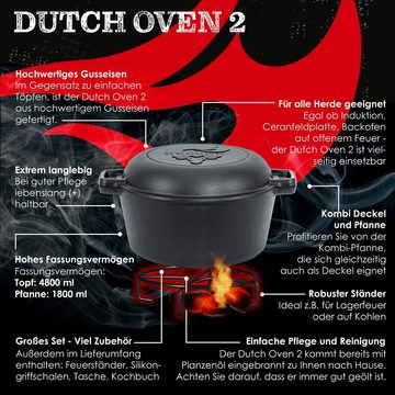 KESSER Feuertopf, Gußeisen, Dutch Oven 2in1 Gusseisen Topf 4,8L und Pfanne 1,8L