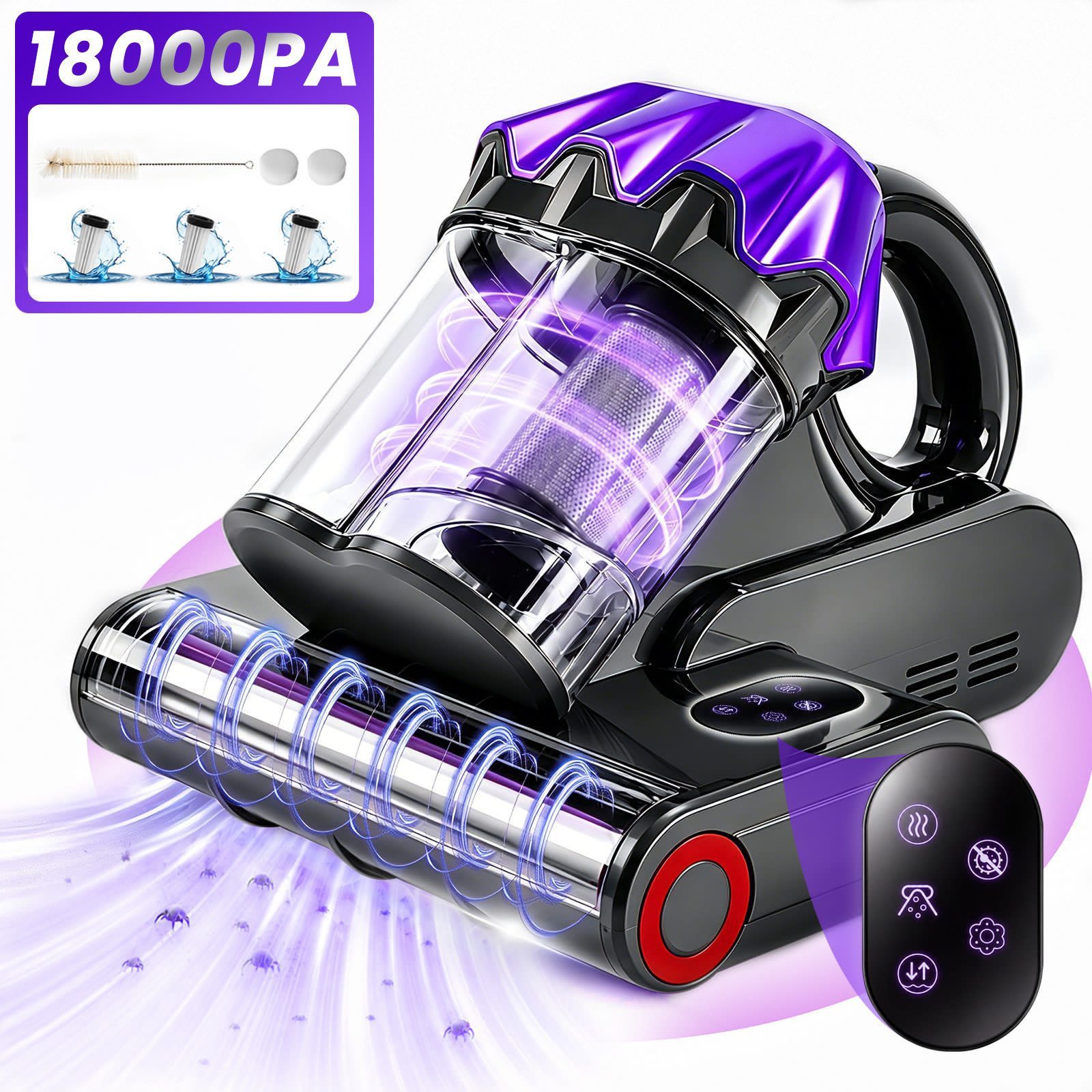 Grenintol Matratzenreinigungsgerät 18.000Pa Milbenstaubsauger mit Sensor, UV-C-Licht, 65 °C Heißluft, 550 W, Beutelloser Milbensauger mit HEPA-Filter, Vibrationsbürste mit Klopffunktion, Staubsensor und Diffusionsfilter, kompakter Milben-Handstaubsauger für Matratzen, Sofas und Kissen