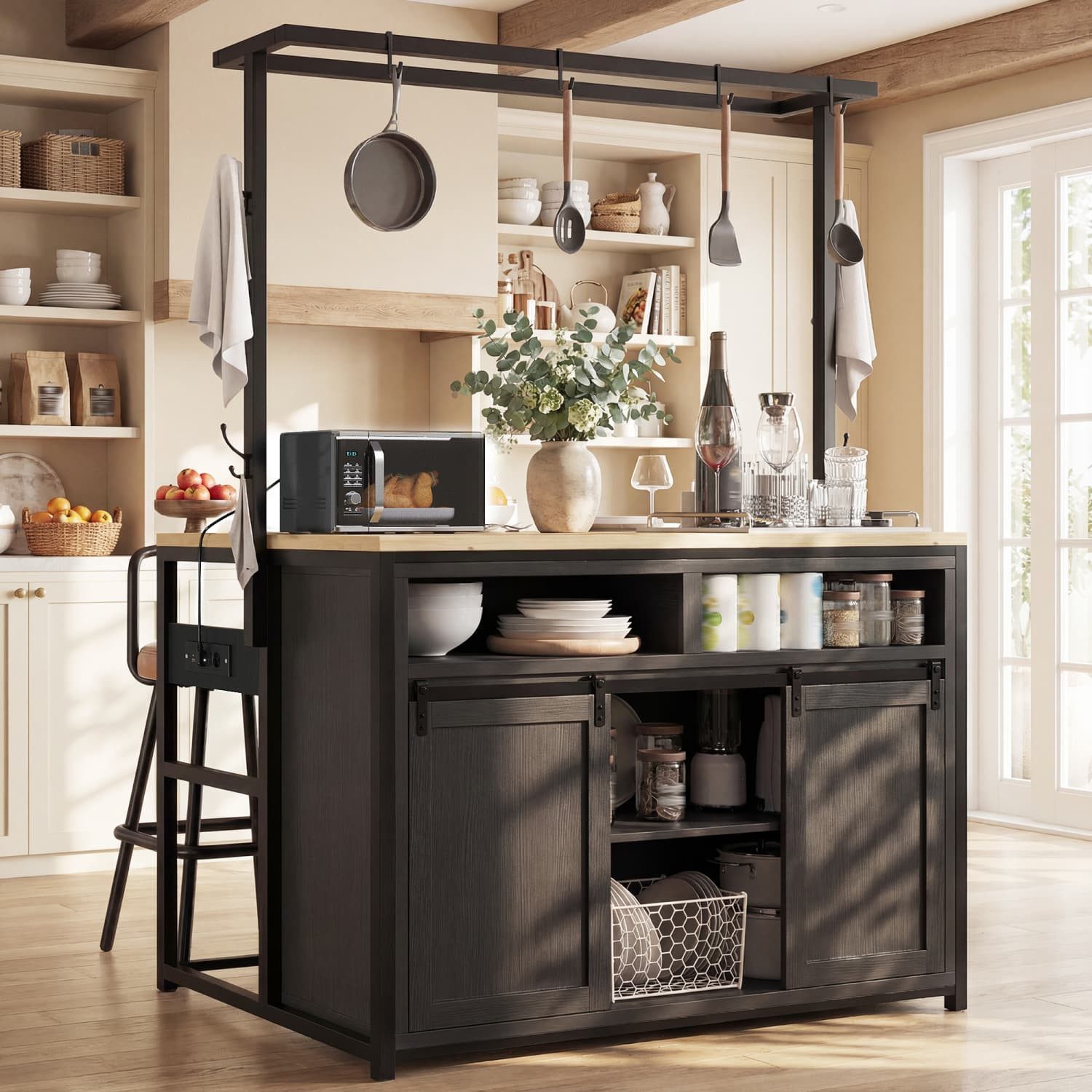 ANYSUN Küchenbuffet Küchenschrank mit Arbeitsplatte,Steckdose,Großer Stauraum,Hängeregal (1-St Kücheninsel für Küche,Esszimmer,bis 60 kg belastbar,107x62x183cm) Kücheninsel mit Schiebetüren,Offene Fächer,Metallgestell,Schwarz