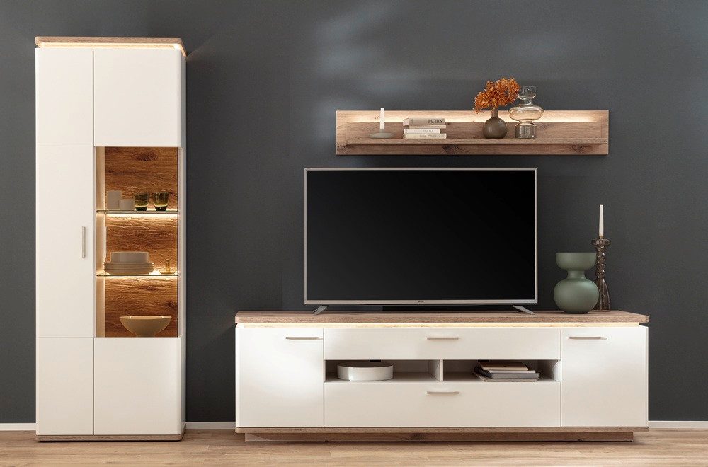 MCA furniture Wohnwand Wohnkombination Palermo1, Soft white / Viking Oak, 3-teilig, (3-St), Wohnwand, Anbauwand, modern