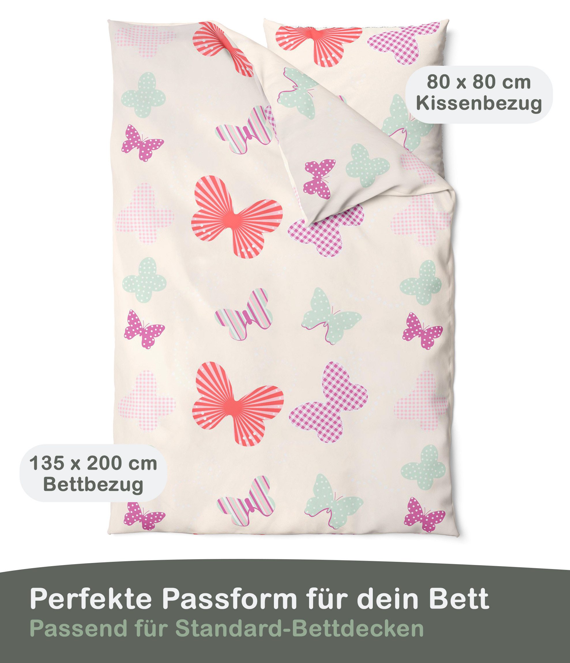 LINKHOFF Kinderbettwäsche Schmetterling Bettwäsche 135x200, 100% Baumwolle Mädchenbettwäsche Schmetterlinge Rosa Butter + Kissen – Bild 3 von 5