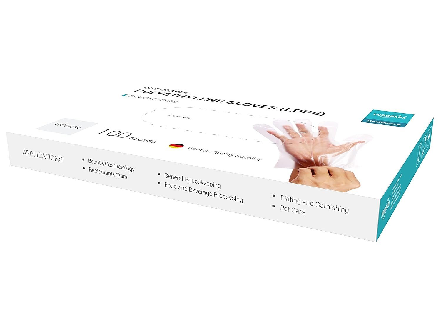 EUROPAPA Einweghandschuhe Vorteilspack LDPE Einweghandschuhe in Box (100-St., Einmalhandschuhe) latexfrei puderfrei Handschuhe in Damen Größe Herren Größe
