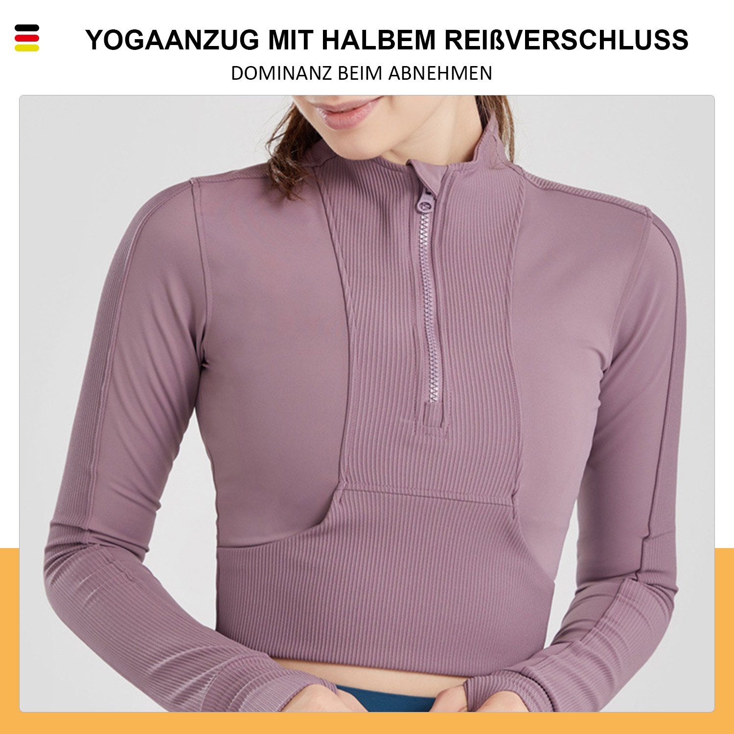 MAGICSHE Funktionsshirt T-Shirt Damen Sweatshirt Design Brust Leicht Lila Reißverschluss Halber Top Fitness