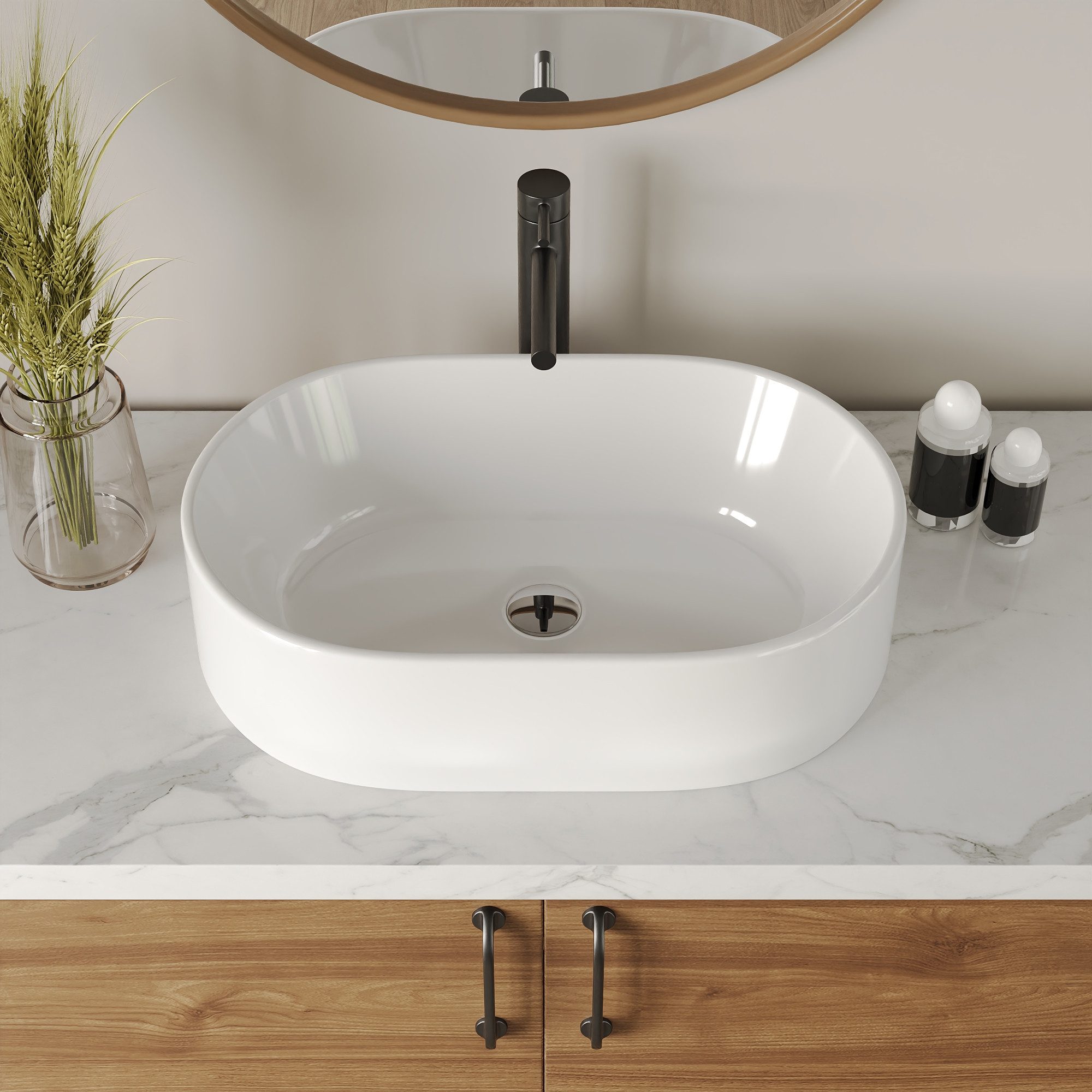 DeerValley Aufsatzwaschbecken DeerValley Oval Keramik Aufsatzwaschbecken Badezimmer Gäste-WC 40x33cm (Packung, ohne Armatur und Ablaufgarnitur), Große Keramik-Waschschale ohne Hahnloch und Überlauf