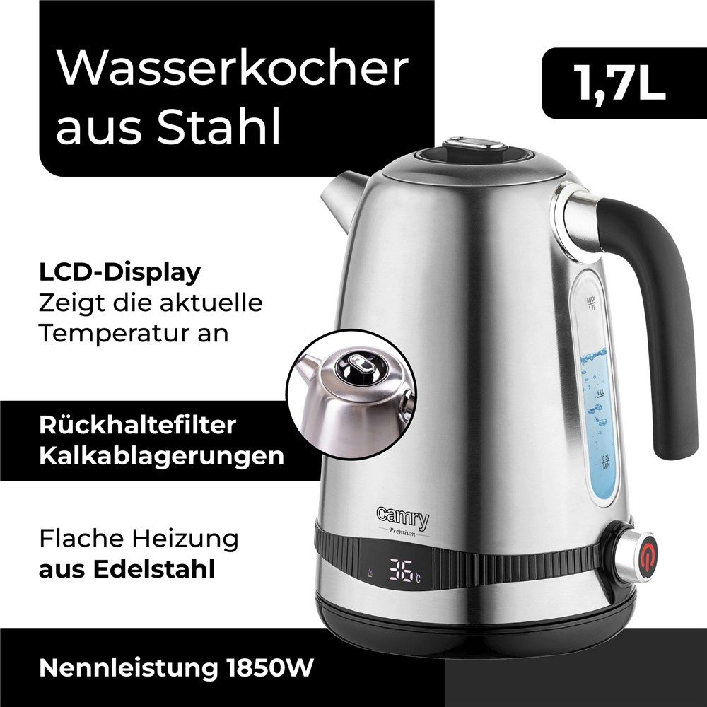 Camry Wasserkocher CR 1291 Edelstahl Wasserkocher mit Temperatureinstellung Teekocher, 1,7 l, 2200 W, mit LCD-Display Temperaturregler Warmhaltefunktion Silbern