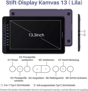 HUION Kamvas 13 mit Display Grafiktablett (13,3", Windows, mit voll laminiertem Bildschirm Neuer Stift Typ-C-Kabel Unterstützung)