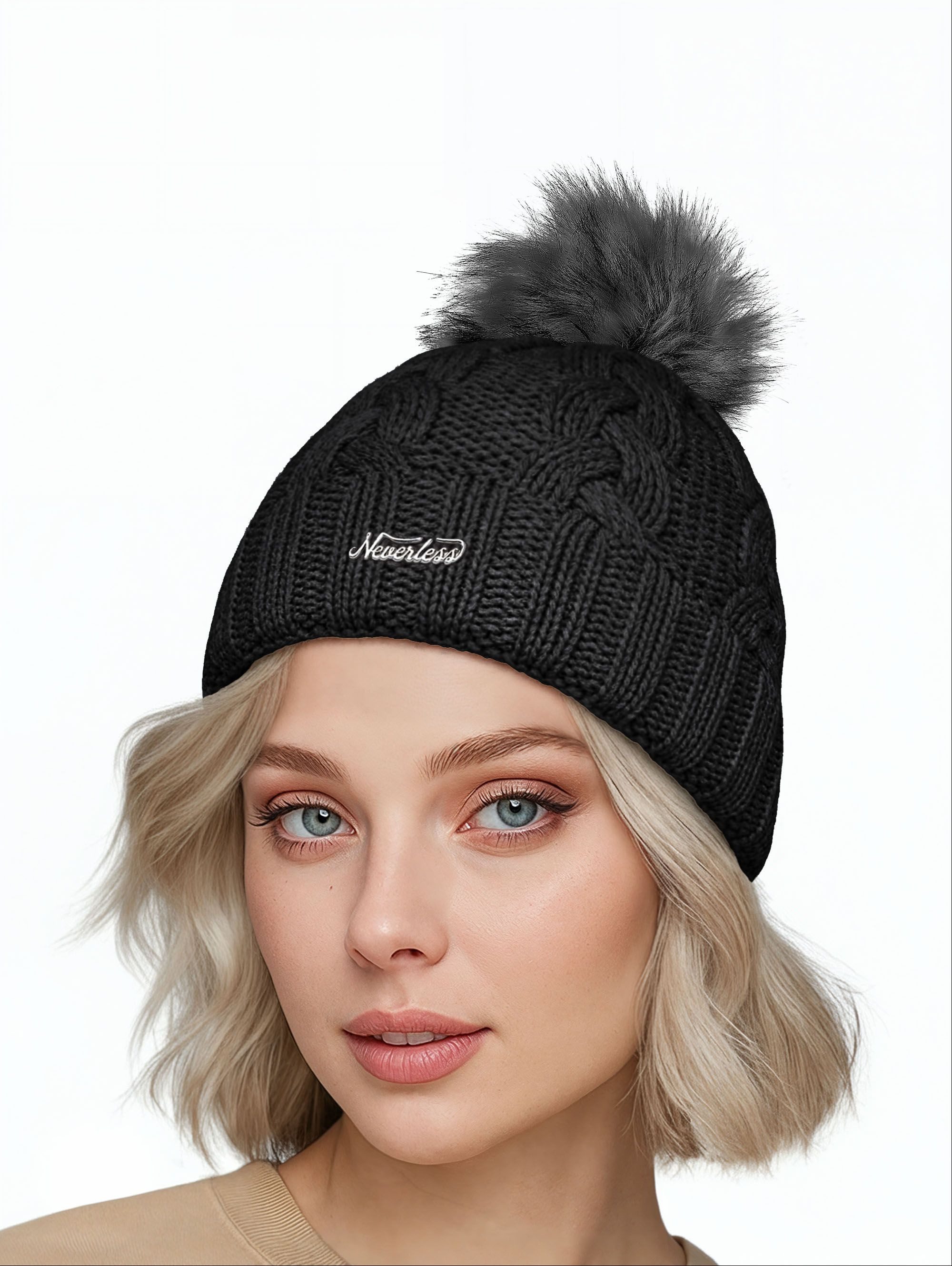 Neverless Strickmütze Damen Strickmütze Zopfmuster Fleccefutter Bommelmütze Pudelmütze