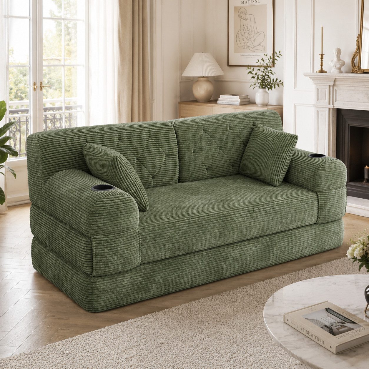 Orvane Sofa 2-Sitzer aus Cord, ausklappbar zum Gästebett, 168 cm breit, Einzelartikel, 2 Getränkehalter, 4 Seitentaschen, 2 Kissen, hohe Rückenlehne