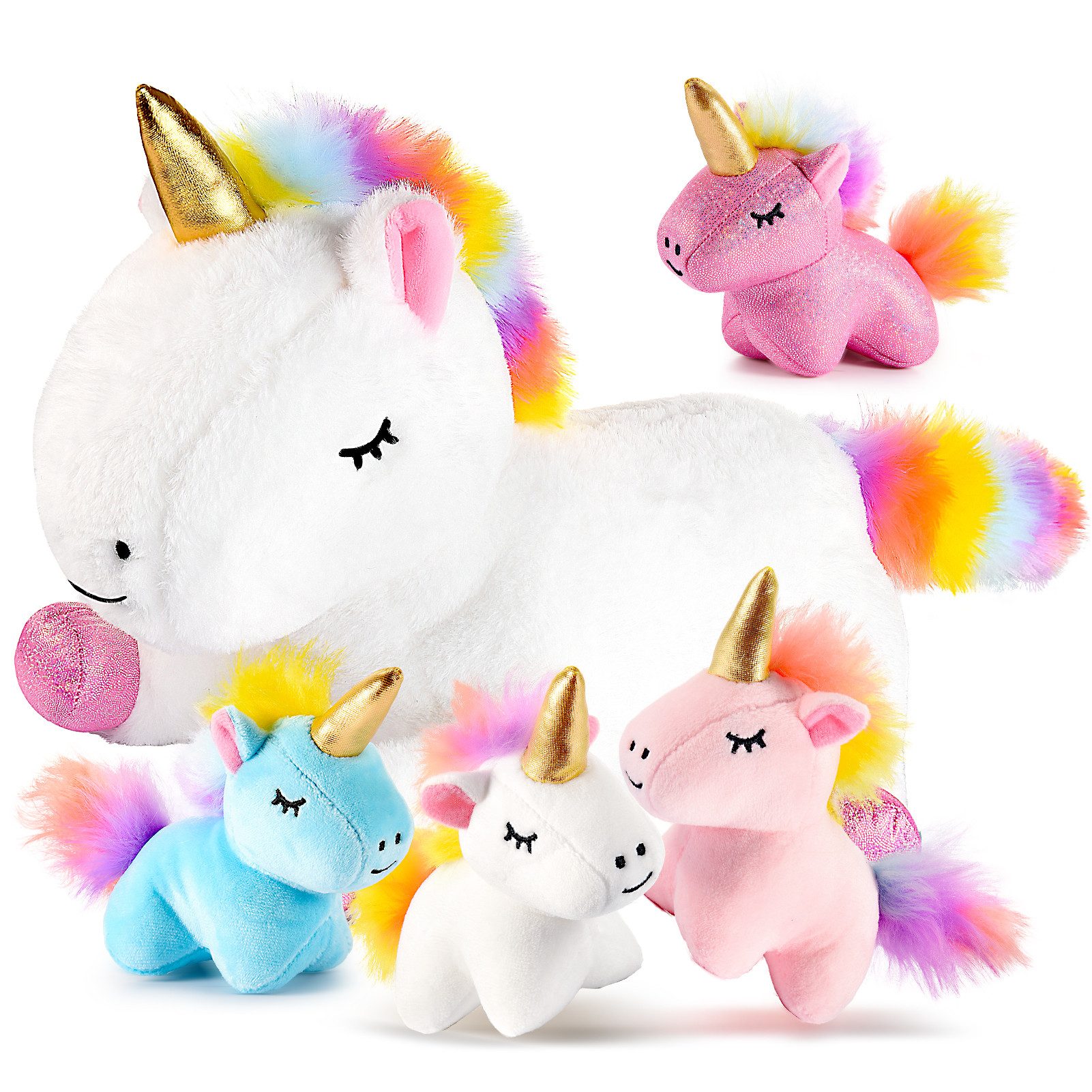 Wootoy Kuscheltier Plüsch-Einhorn mit Baby-Einhörnern Kuscheltier Set mit Reißverschluss (mit 4 versteckten Baby-Einhörnern im Reißverschluss-Design, 5-St., Weiches Material mit angenehmer Baumwollfüllung), ideal für unterwegs Reisen und verschiedene Orte